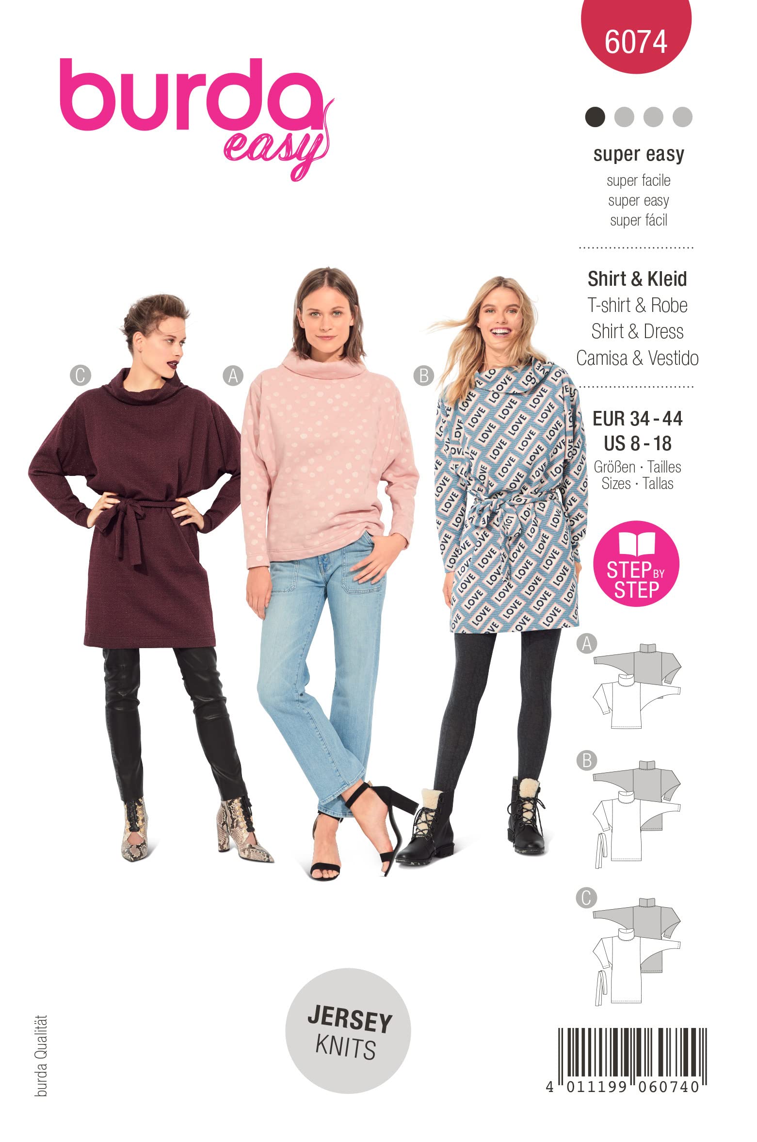 Burda Super Easy SEWING PATTERN 6074 Misses Top & Dress With Roll Neck 8-18