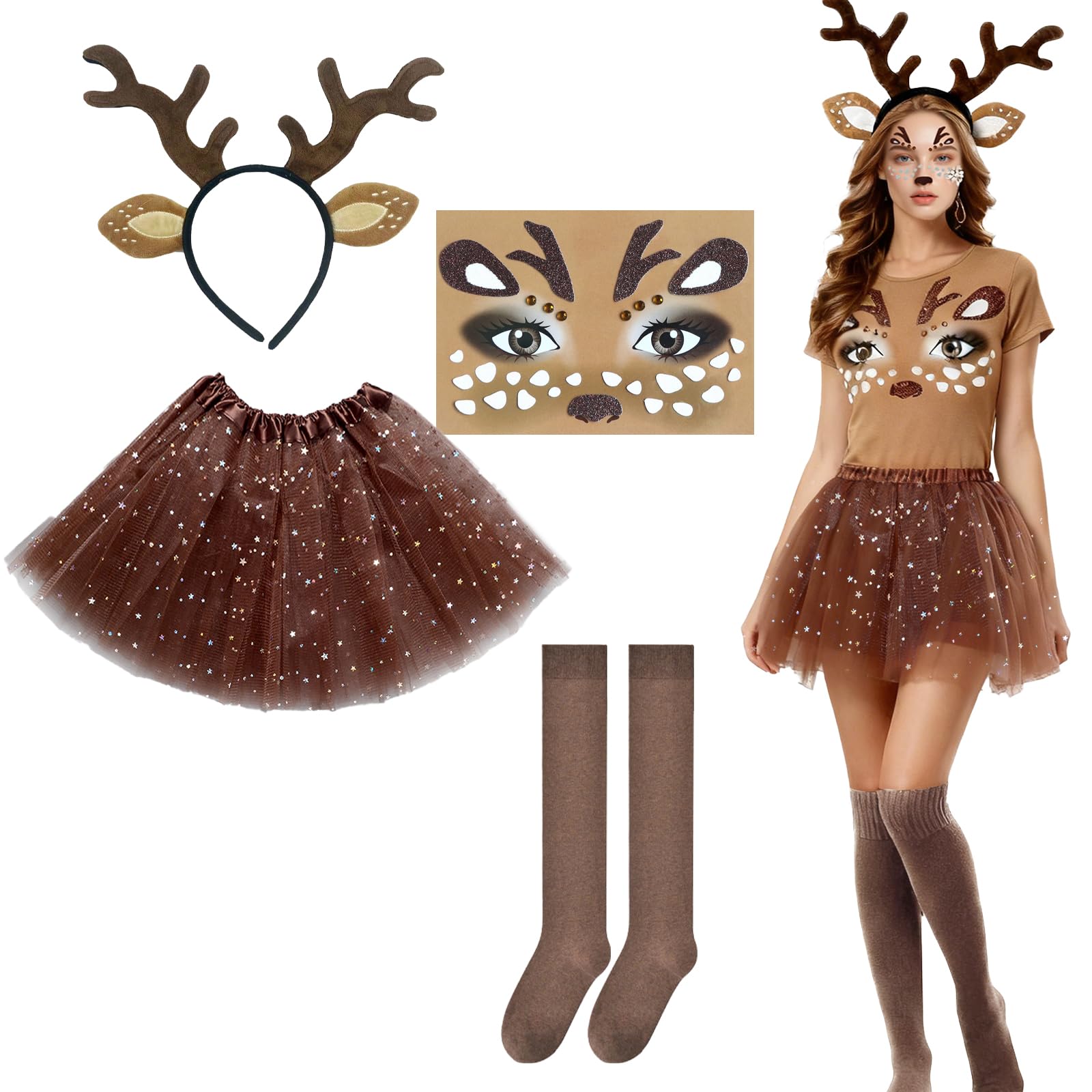 EDLMKM 4 Piece Reindeer Costume Adult, Deer Costumes, Tutu Skirt, Reindeer Headband, Tattoo, Stockings