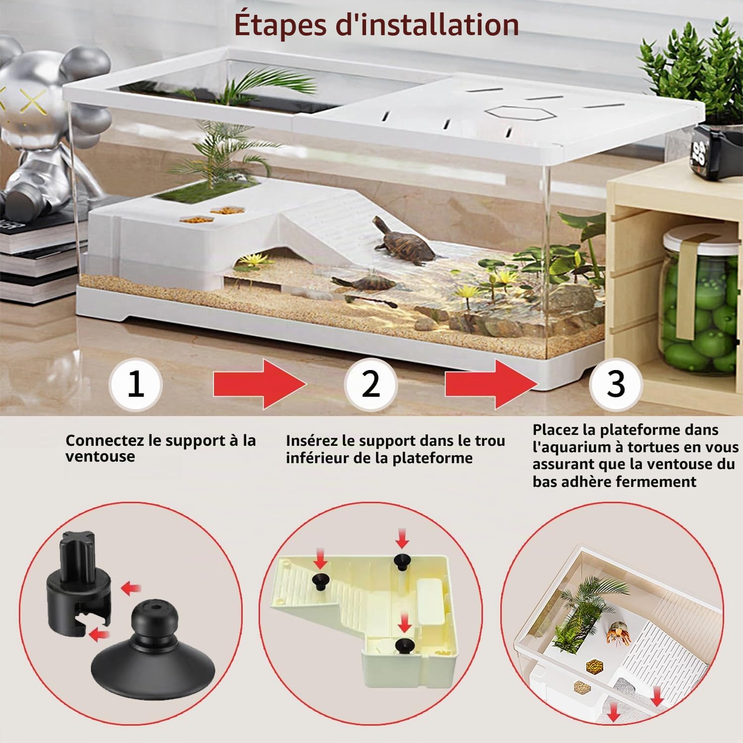 Aquarium pour tortues avec plateforme et drainage inférieur, 30 x 17,8 x 18,5 cm, pour tortues juvéniles, écrevisses, crabes, amphibiens, reptiles - Blanc