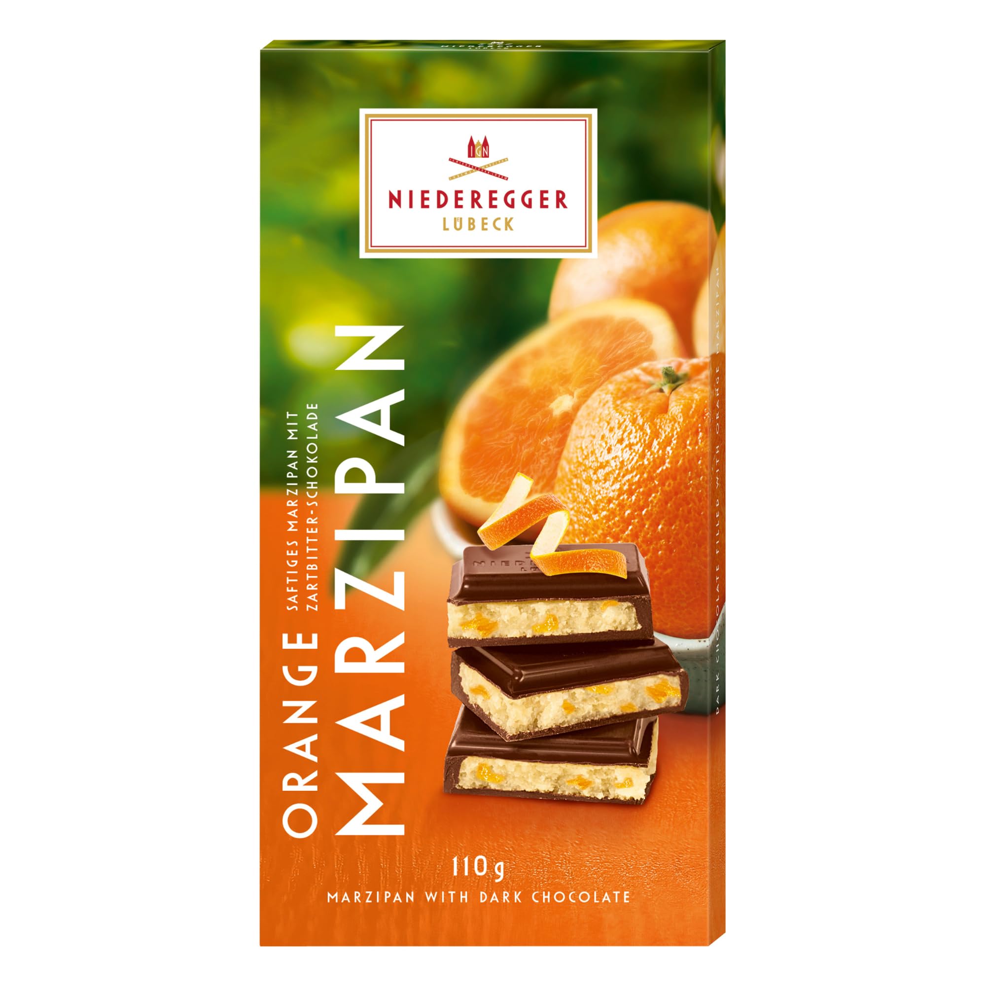 Dark Chocolate Orange Marzipan Bar 110g/3.8 oz | Covered with crisp dark chocolate. | Authentic. Premium | Handcrafted in Germany since 1806.