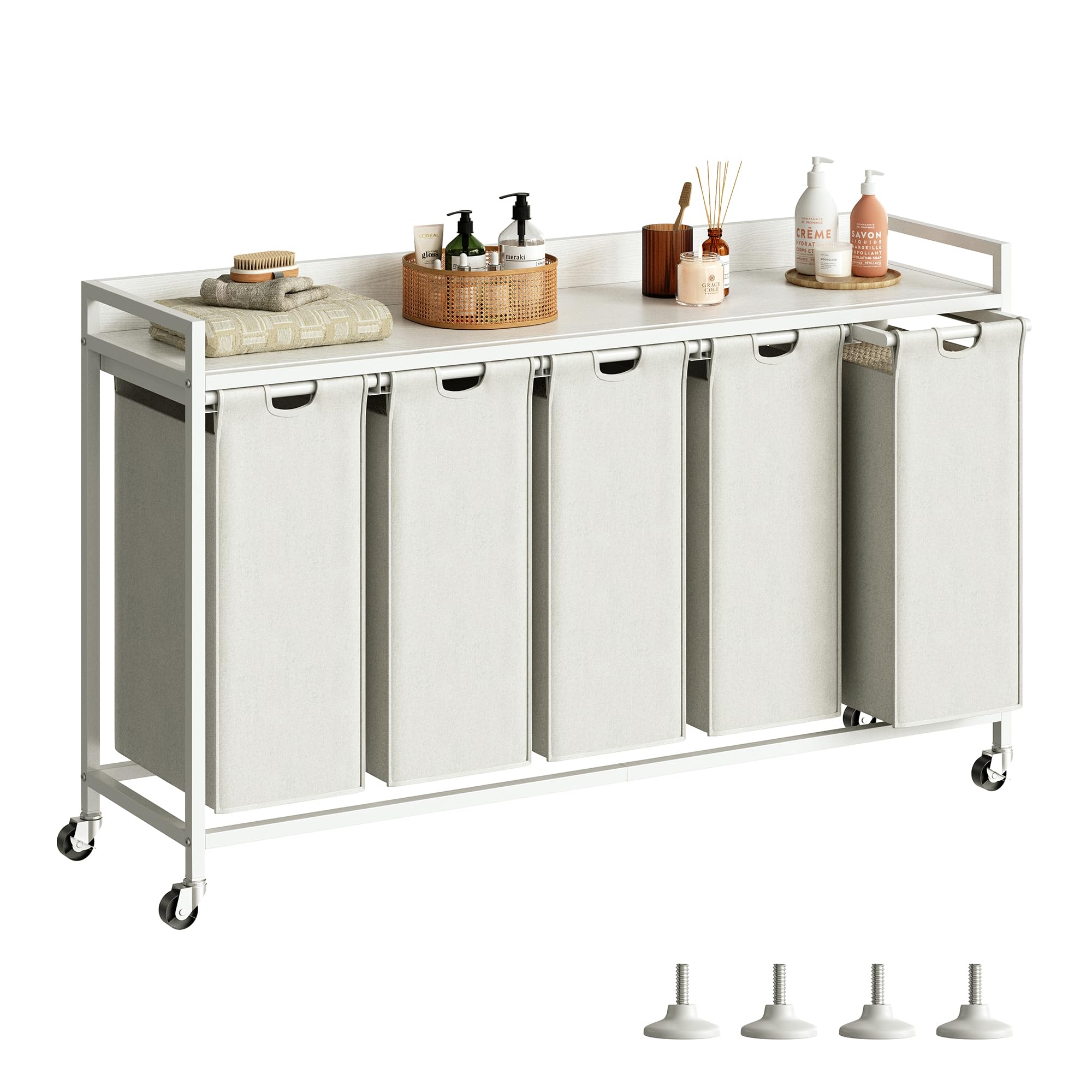 Photo 1 of ***STOCK PHOTO FOR REFERENCE ONLY***Herture Laundry Hamper with Shelf, Laundry Basket 5 Section, Laundry Sorter with Pull-Out Removable Large Bags and Movable Wheels, Metal Frame, 5 x 15.87 Gallons (60L), White PF08XLW