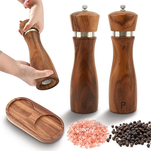 Juego de molinillo de sal y pimienta de madera con bandeja, molinillo manual de sal y pimienta de 8 pulgadas, grosor ajustable y recargable,