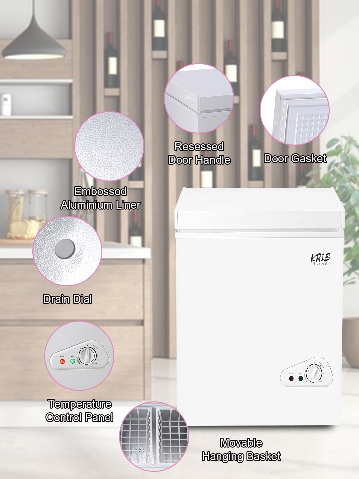 Krib Bling Chest Freezer Adjustable Thermostat Compact Freezers With Removable Storage Basket For House Kitchen Garage Basement 3.5 Cu.Ft White on Fridge.com - View 6