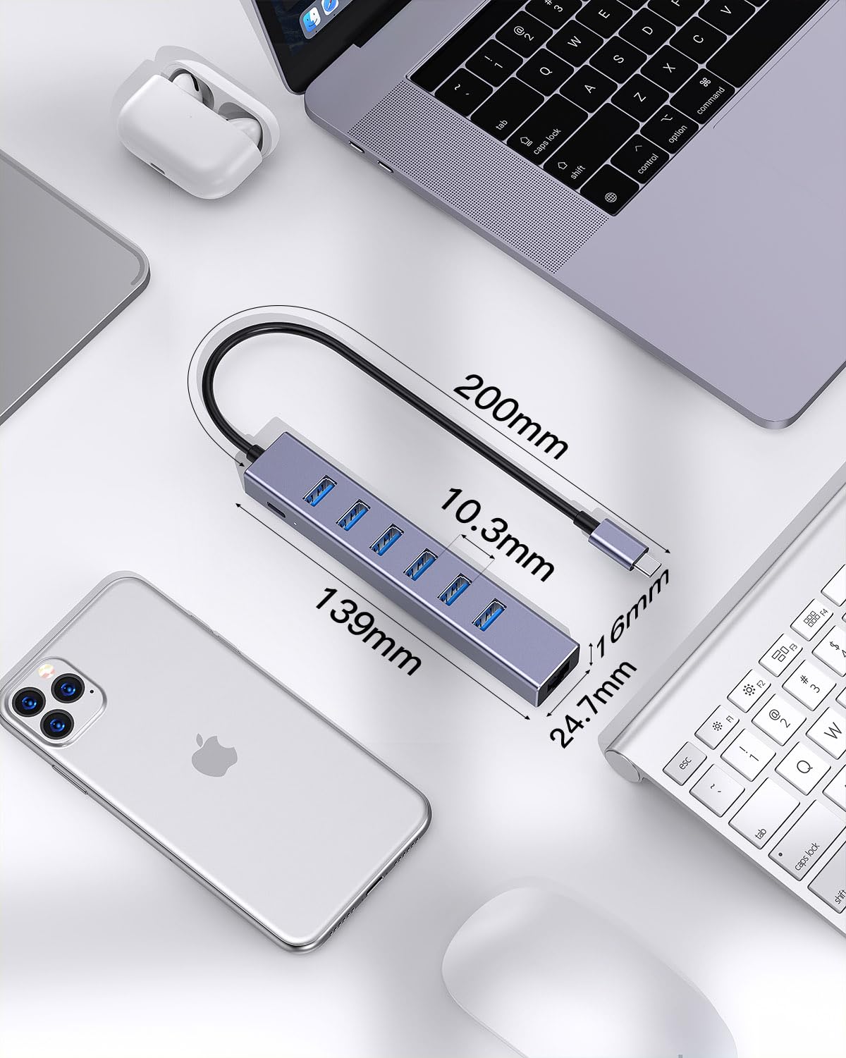 8-Port USB 3.0 Hub With Ethernet - 7 USB Ports, Gigabit LAN, 5V Power For Laptop & PC