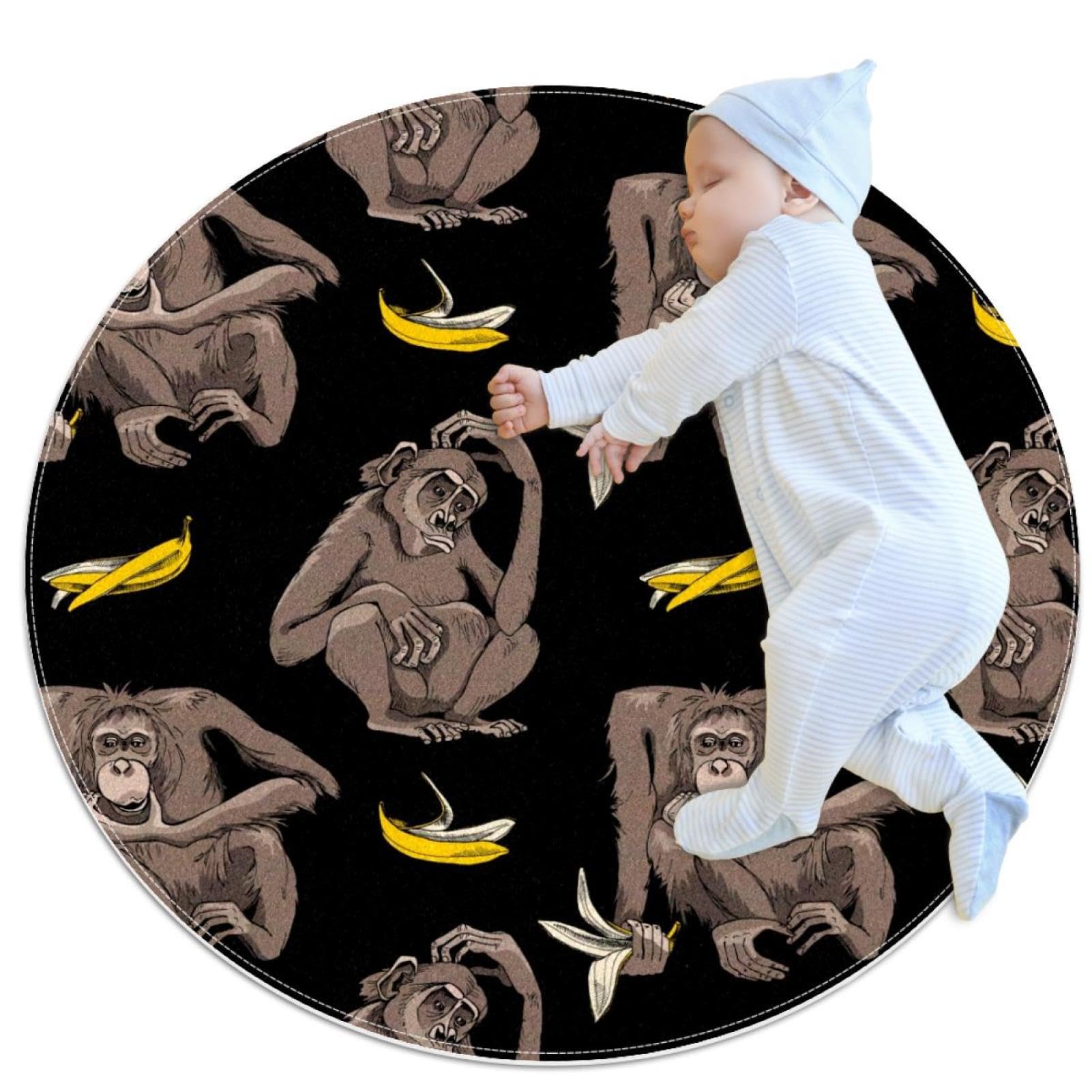 Tapis de salle de bain antidérapant rond 1m imprimé singes bananes camomille pour chambre d'enfant