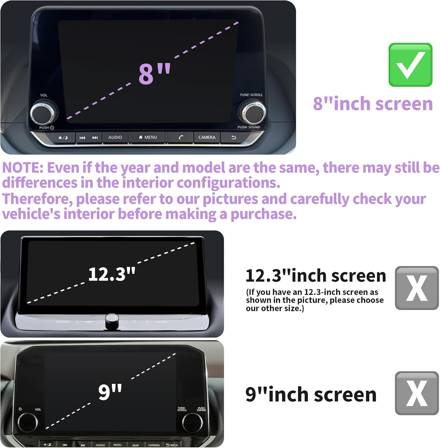 Polodunn for 2026 2025 2024 2023 2022 2021 Nissan Rogue Accessories with 8" Screen, 7pcs Aluminum Alloy Trim Set - A/C, Volume Tune & 4WD Knob Cover, Push Start Button Cover/Ring (Purple)