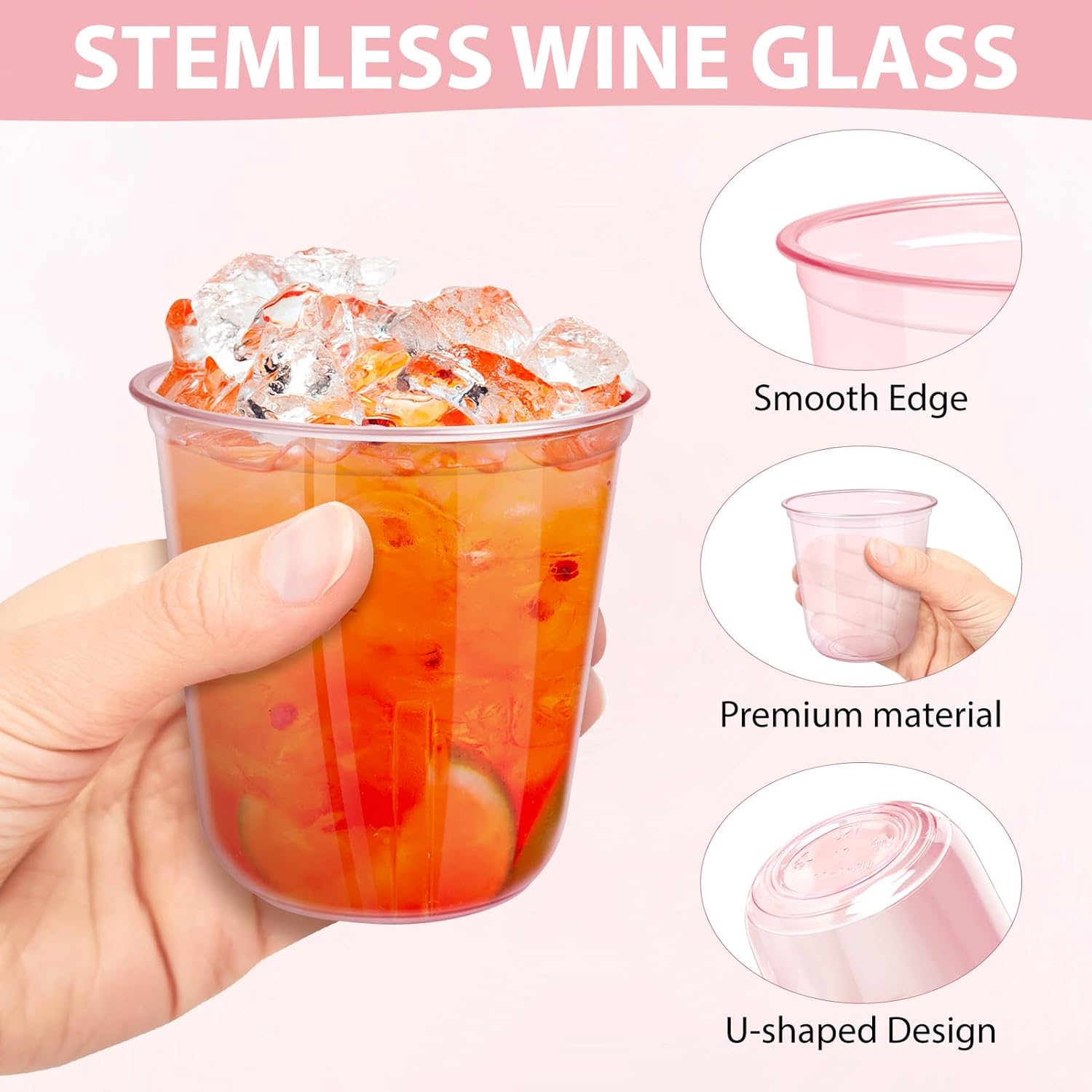 50 PCS Pink Plastic Cups - 12oz Disposable Stemless Wine Glasses, Clear Pink Cocktail Party Cups for Valentine's Day, Baby Shower, Wedding, Birthday Party - Image 3