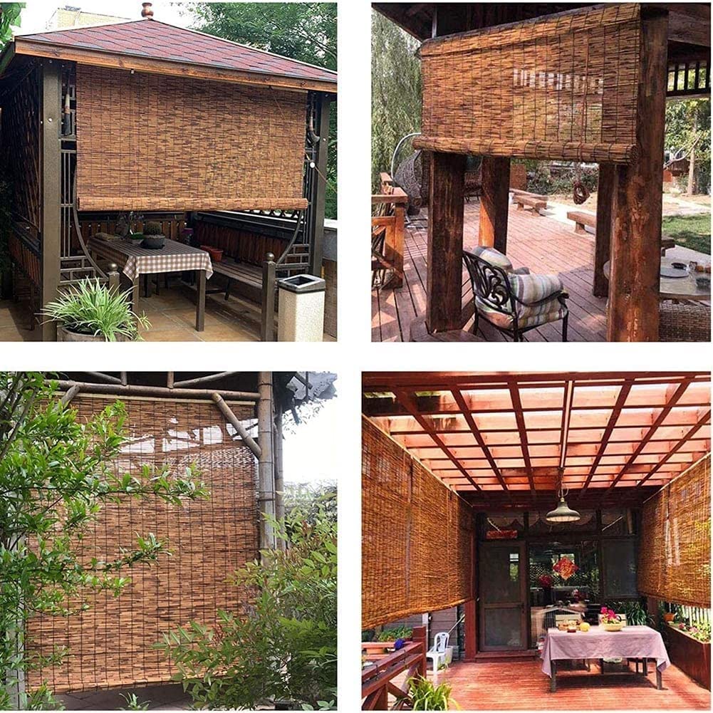 Bambusowe rolety na patio Wewnętrzny/zewnętrzny ganek Balkon Ekran prywatności Półprzezroczyste rolety Zasłony z trzciny retro z podnośnikiem, brązowe (rozmiar: szer. 130 x wys. 180 cm / 51 x 71 cal
