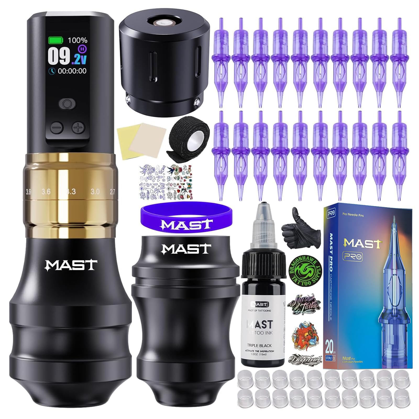 Mast Fold2 Pro Tattoo Kit, Cordless Complete Tattoo Gun Machine Kit, 7 Strokes Length, 2 Grips 40mm & 44mm, Needles Cartridges Black Tattoo Ink Kit