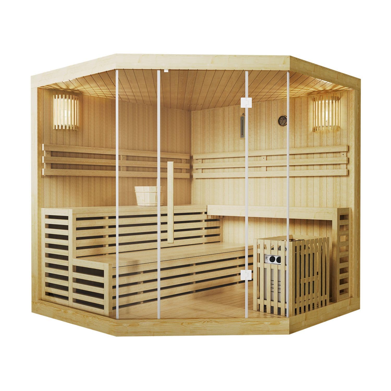 Artsauna Espoo 200 Premium Saunakabine mit Harvia Ofen (5 Personen, Hemlock, Glasfront, LED)