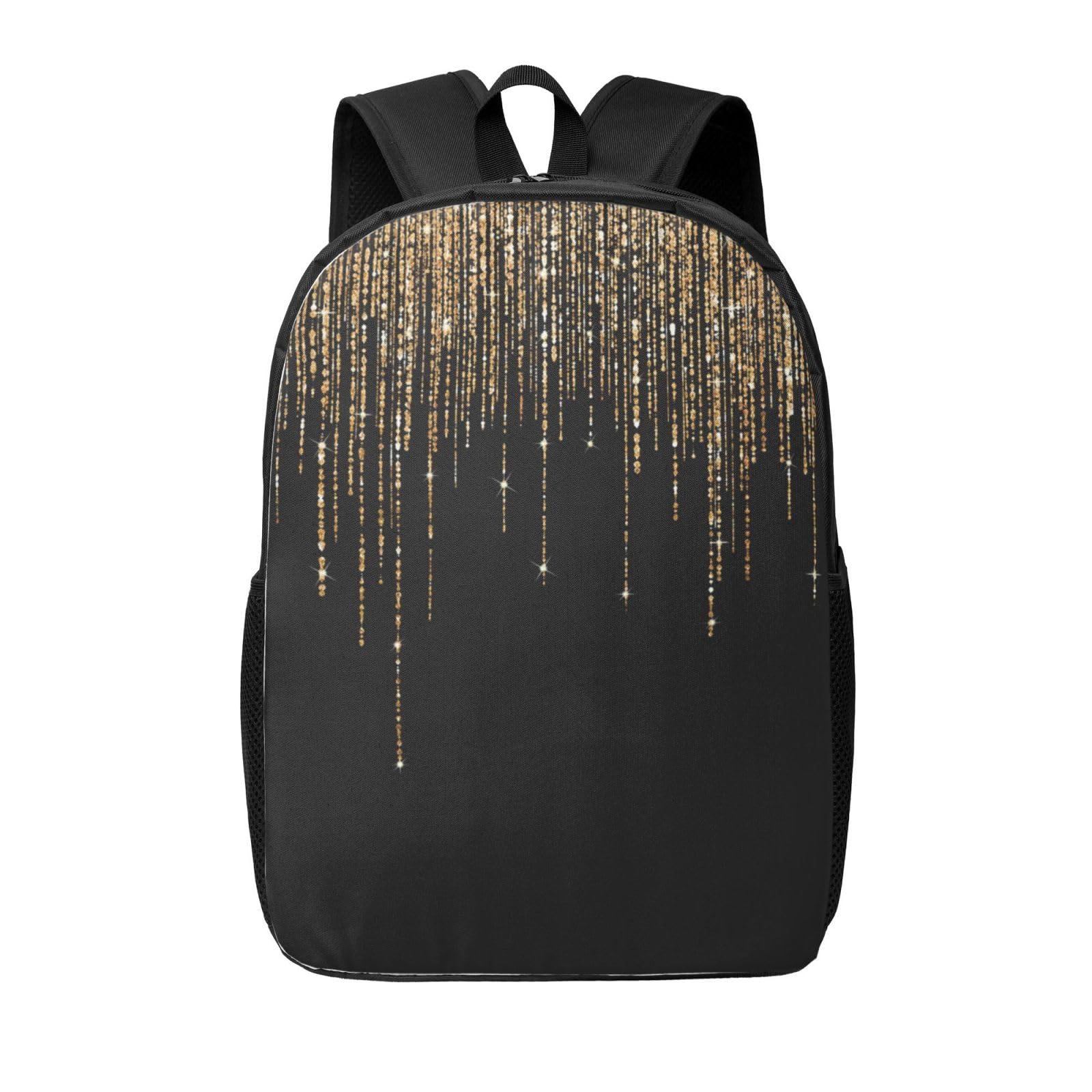 Yunweikeji Unisex Kids As Picture Black Gold Sparkly Glitter Fringe, 17In Student Backpack Casual Daypack Classic Bookbag Water Resistant School Bag