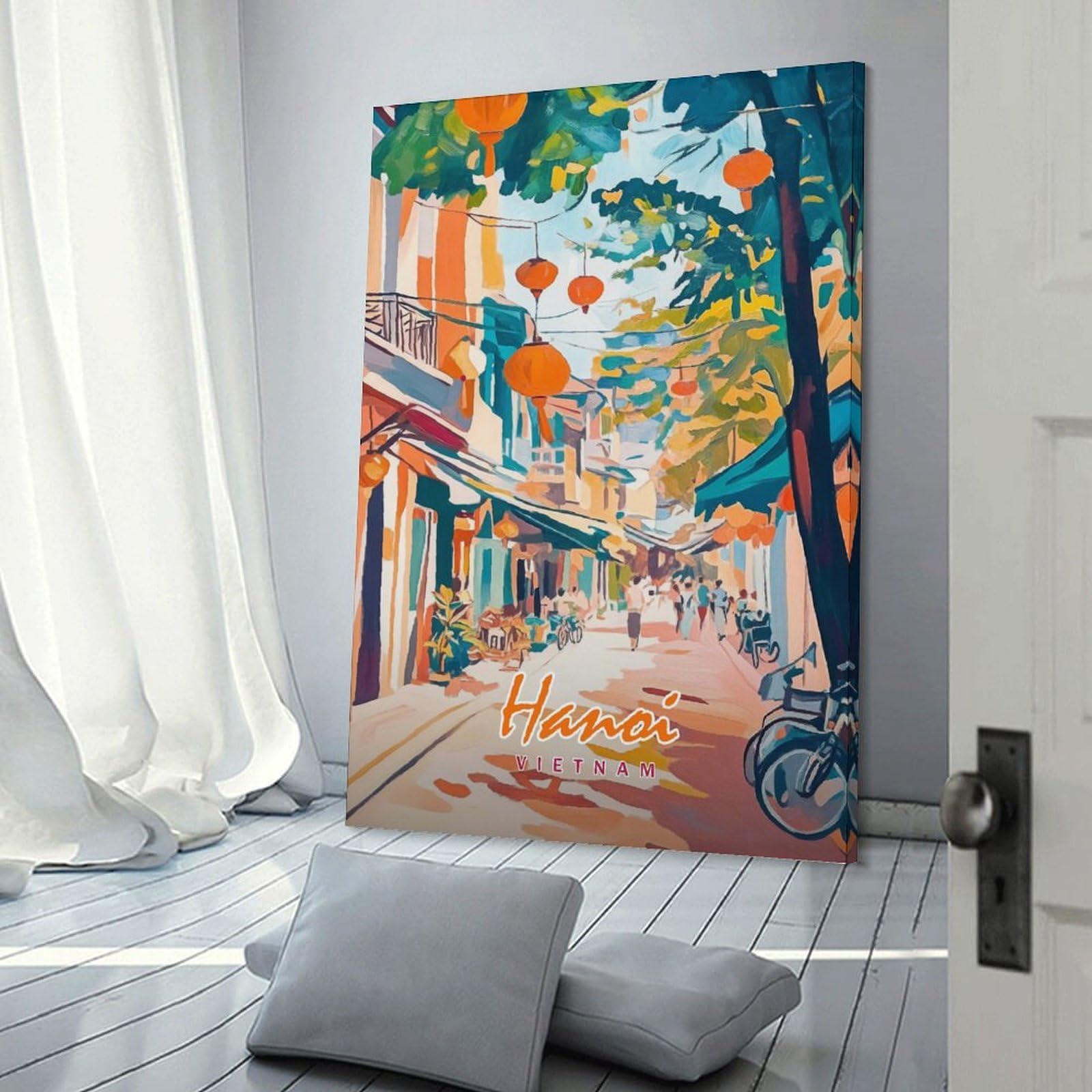 Junmoney Canvas Art Print Hanoi Street Scene, 16x24inch(40x60cm), for Office, Study Or Home Workspace, Decorative Artwork for Productive Spaces