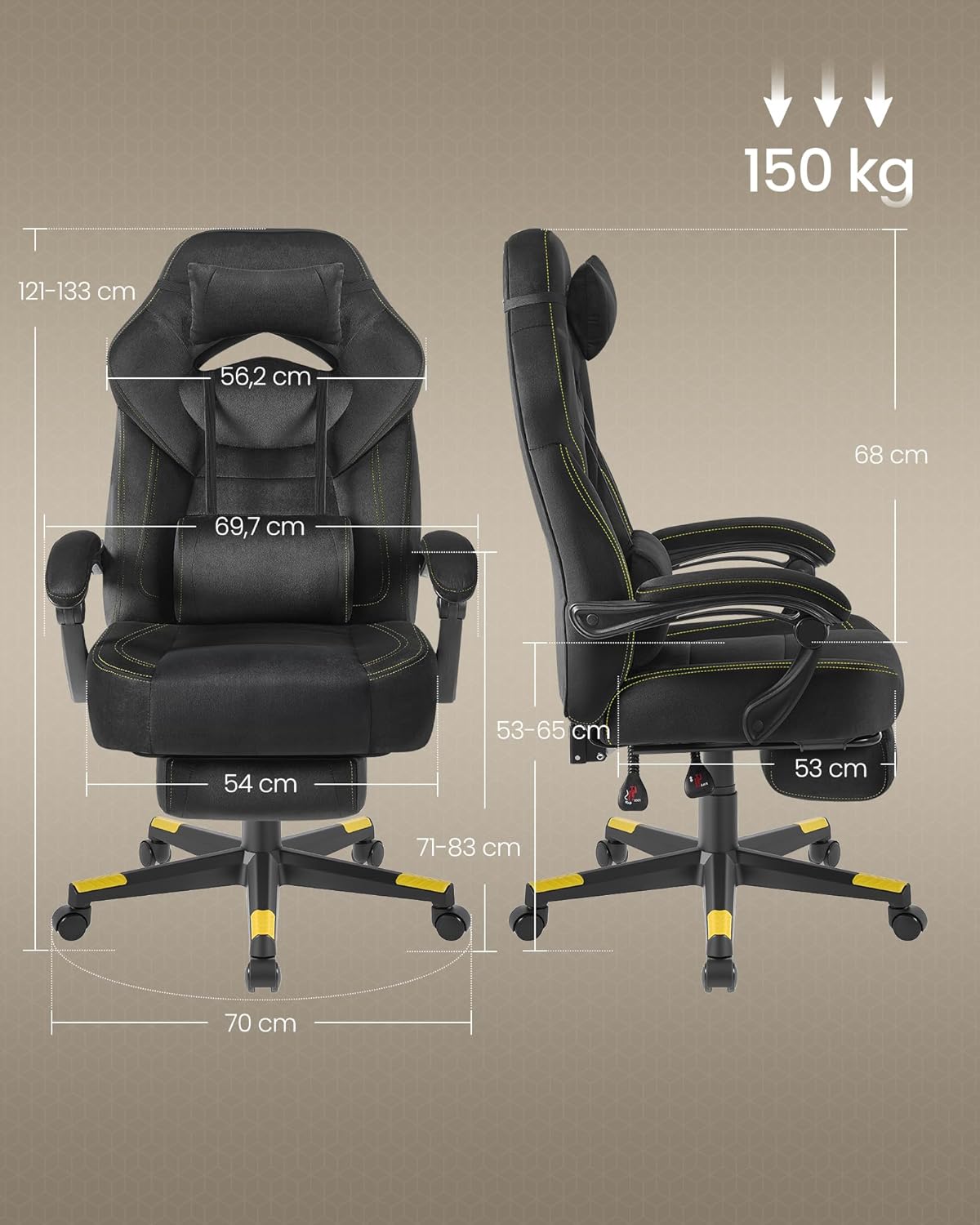 Diagram showing detailed dimensions of the SONGMICS Gaming Chair
