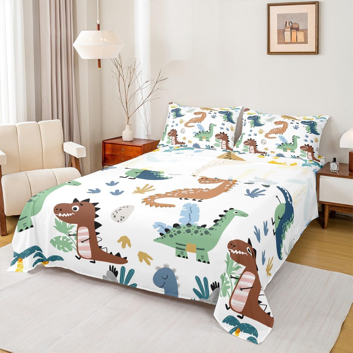 Feelyou Cartoon Dinosaur Kids Sheet Set - Cute Dino Bed Sheets for Boys Teens Decor - Wildlife Jungle Animal Bedding With Deep Pocket Fitted Sheet - Tropical Leaves Bedroom Set