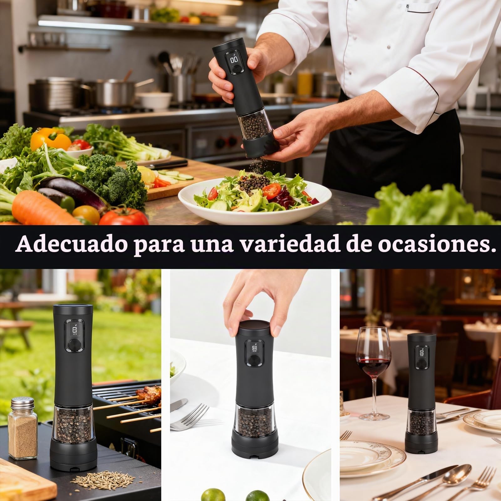 Juego de molinillos eléctricos de sal y pimienta, 2 piezas, recargable por USB, con estación de carga doble e indicador LED, 95 ml de capacidad, mecanismo de cerámica ajustable en 5 niveles