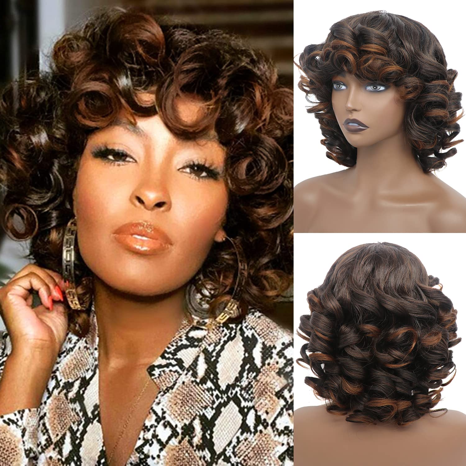 Buy Curly Wigs for Black Women, 14 Inch Short Kinky Curly Afro Wig with Bangs Heat Resistant