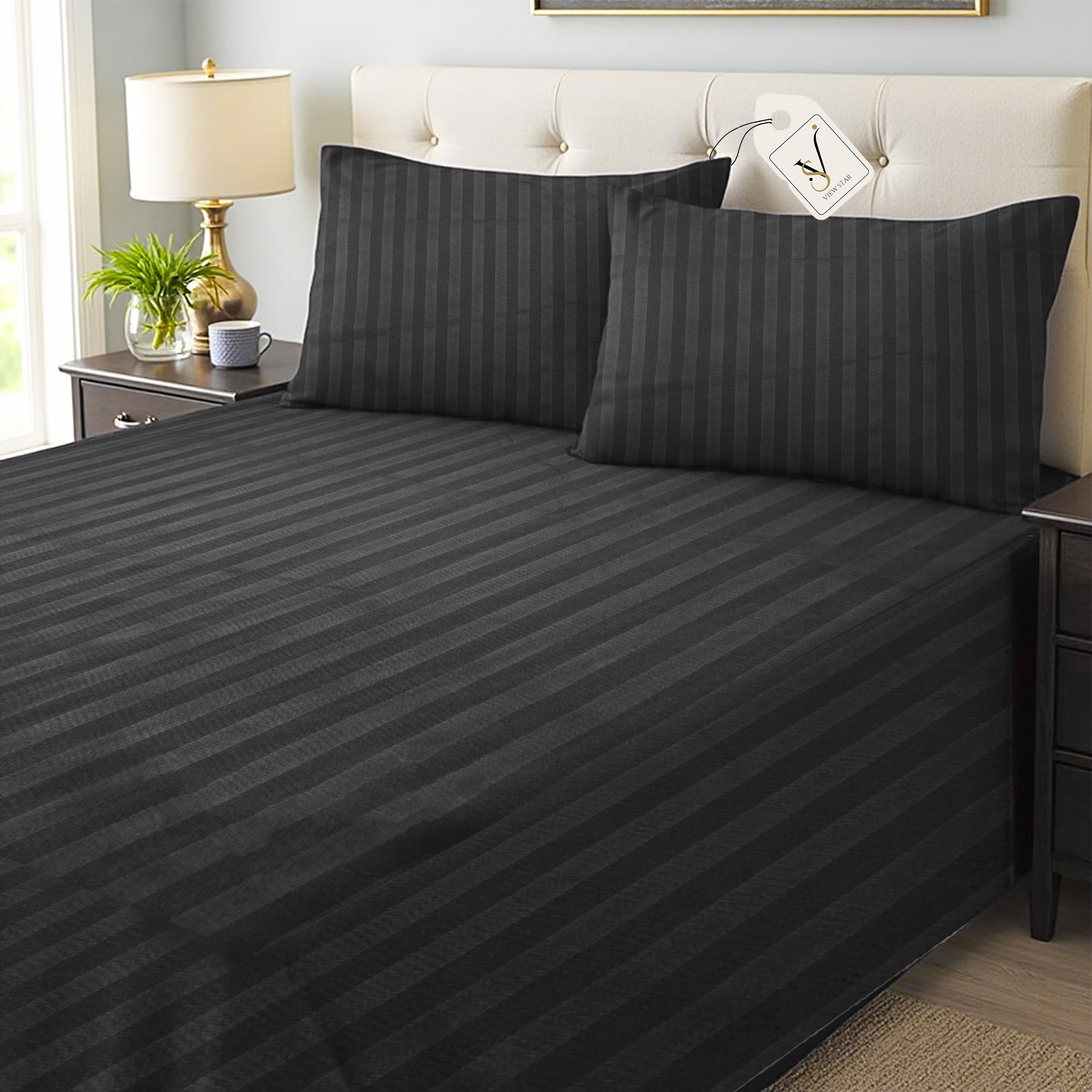 Viewstar 4-Piece Luxury King Size Striped Bedsheet Set – Hotel-Inspired Soft Duvet Cover, Fitted Bed Sheet & Pillow Cases - Elegant Large Size Bedsheet for Comfort (Black)