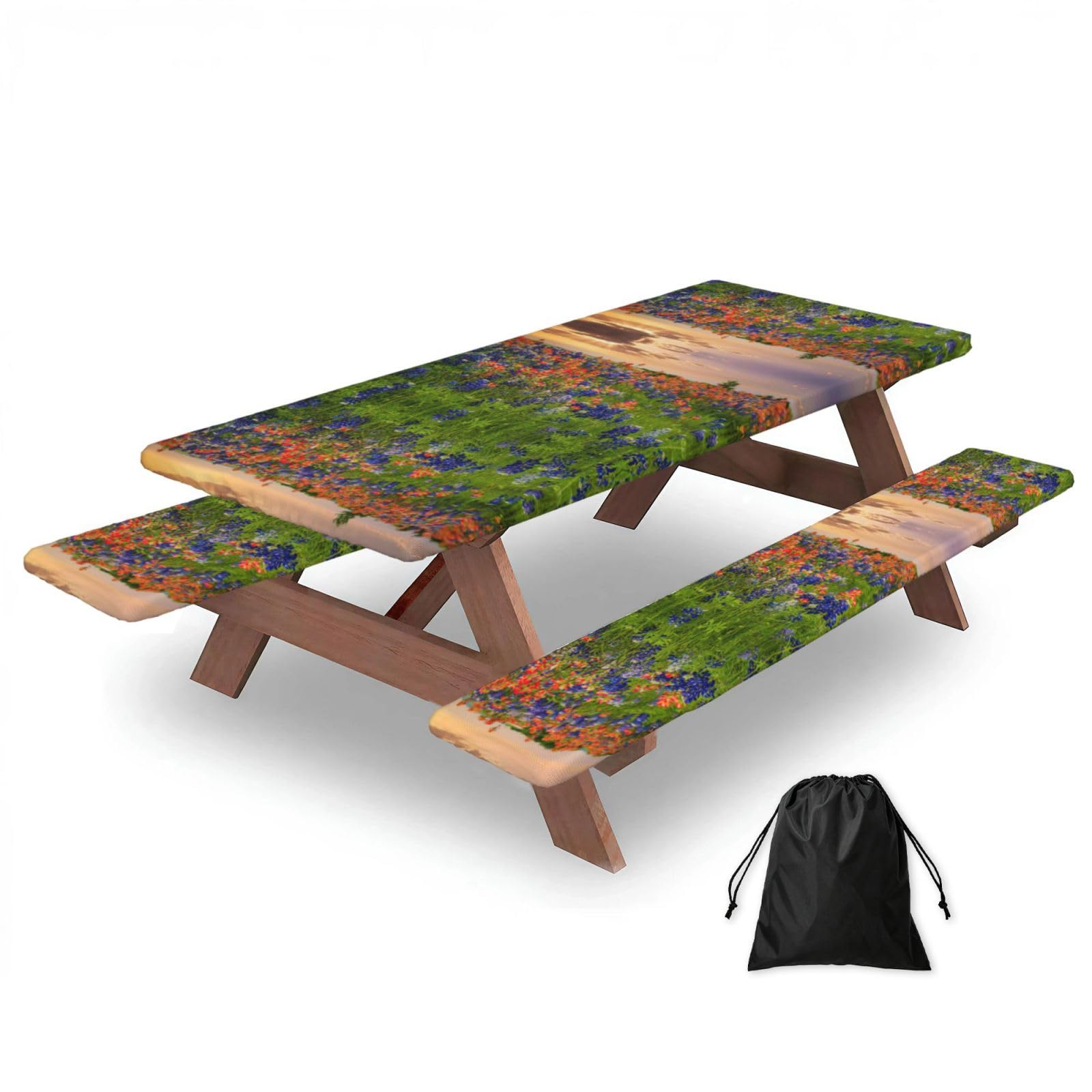 Zyjhyy Black Texas Bluebonnets Scenery Print 3 Pack Wipeable Picnic Bench Cover And Table Cover Lightweight Table Cloth For Camping Outdoor