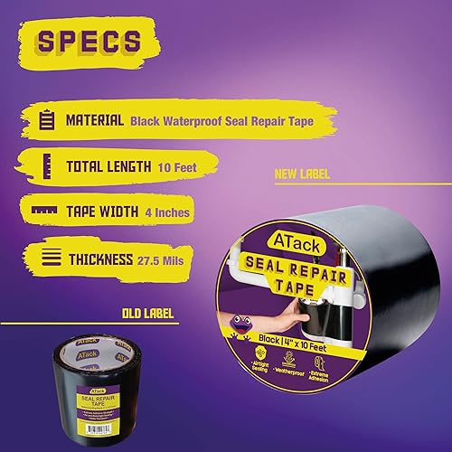 Miniatura 2 de ATack Cinta de parche y sellado impermeable, color negro, 4 pulgadas x 10 pies, cinta de barrera de agua para detener la reparación de fugas en