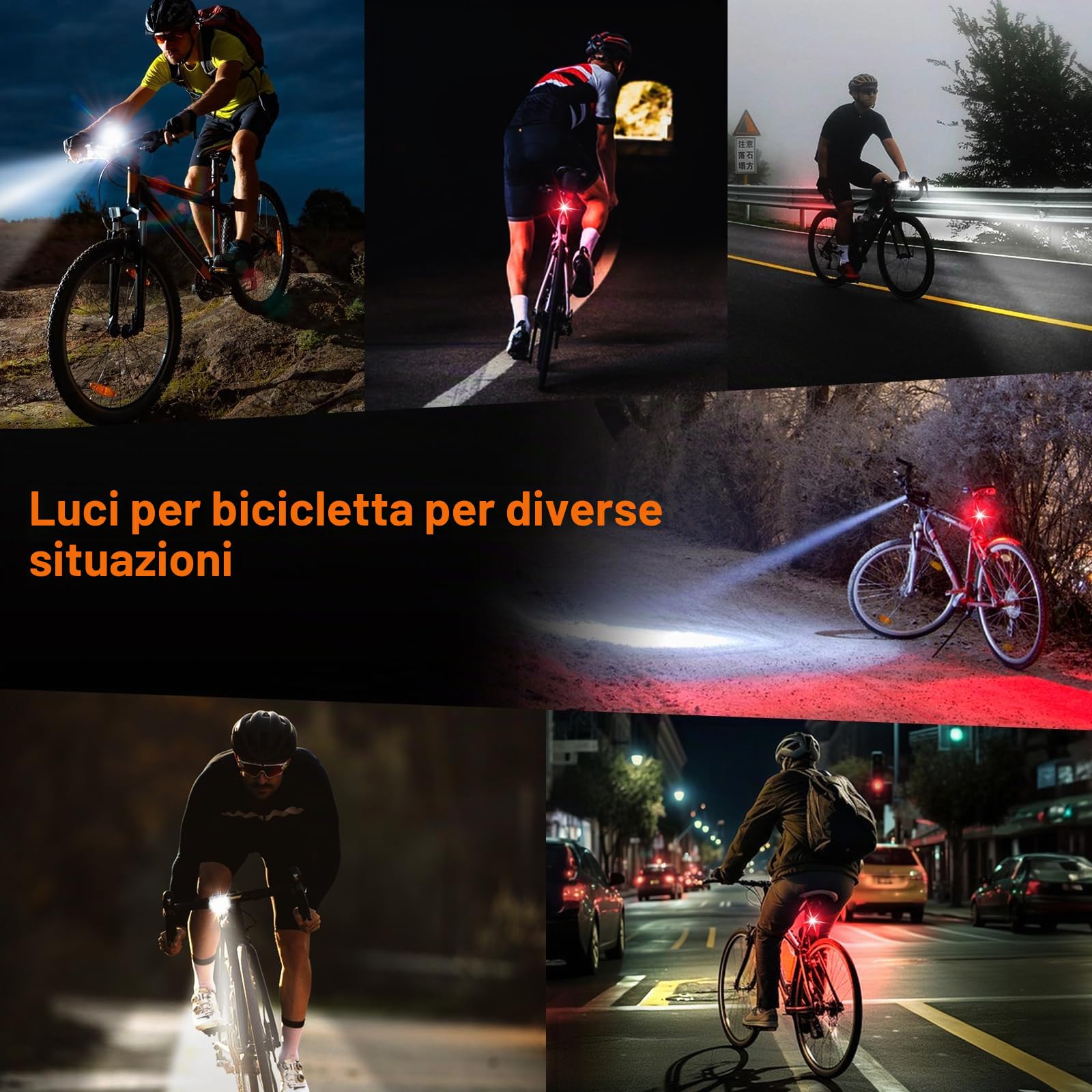 Vinabo Kit Luci Bicicletta - Faro e Fanale Posteriore, Ricarica USB, Impermeabile IPX6, 6 Modalità di illuminazione, Leggero e Resistente, Adatto a Tutte le Biciclette e a Varie Condizioni di Guida