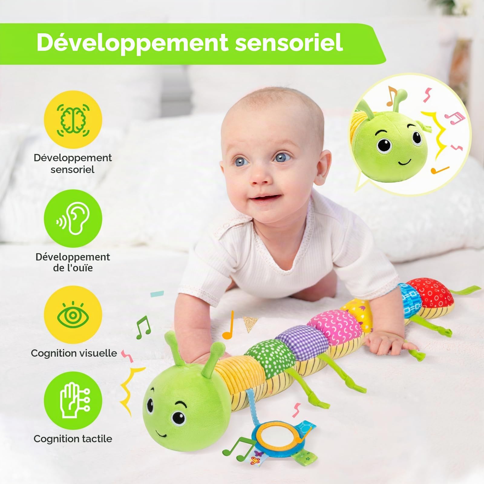 Accevo Jouet sensoriel pour bébé de 0 à 6 mois - Jouet en peluche - Chenille - Jouet pour tout-petit de 0 à 3 à 6 mois - Avec miroir pour bébé - Hochet froissé - 6-12 mois - Cadeau de Pâques