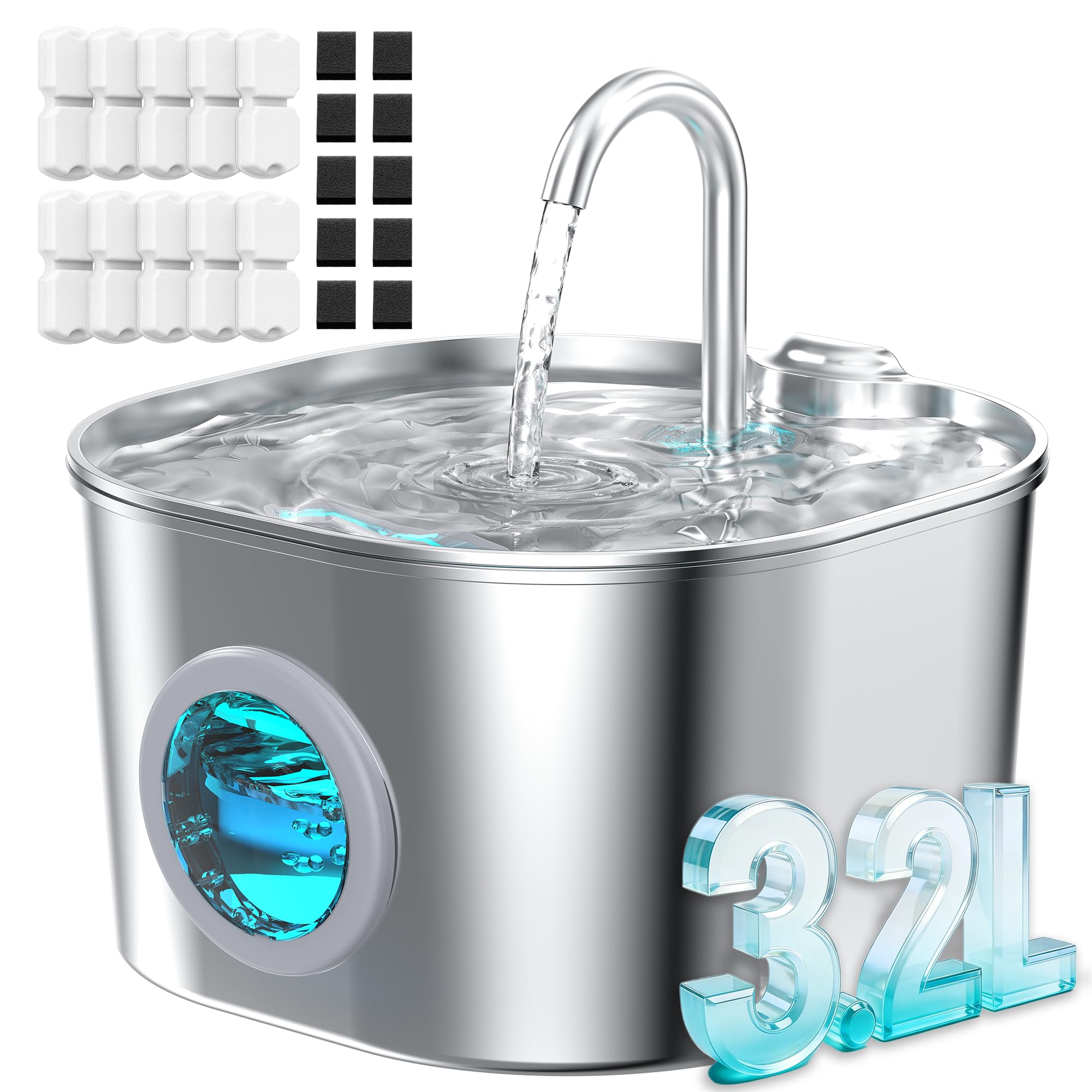 Stainless Steel Cat Water Fountain: 108oz/3.2L Pet Water Fountains Cat Watering Fountain Indoor Automatic Waterer Dispenser for Drinking Small Dogs Water Bowl Metal Kitty Faucet Watering Supplies