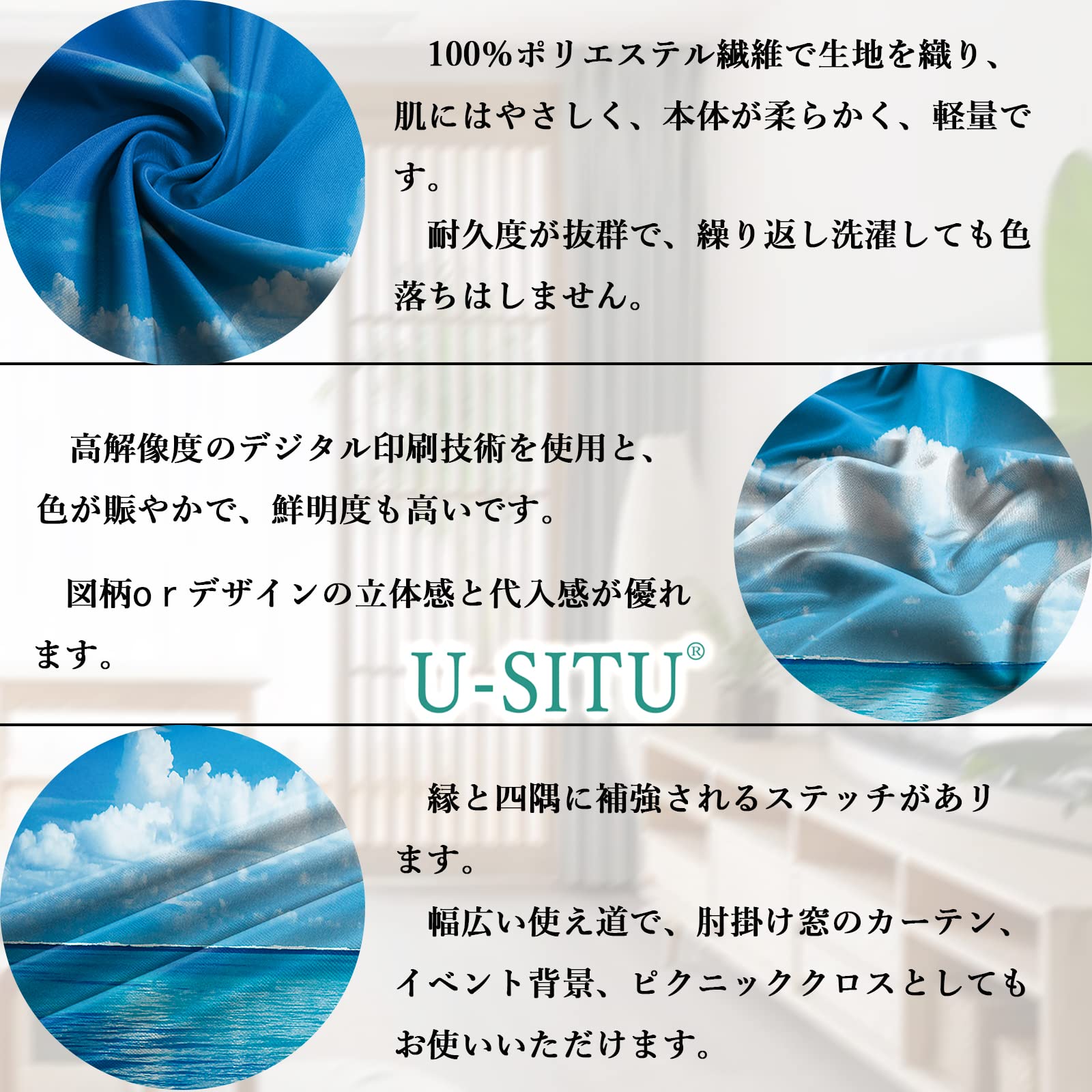 U-SITU タペストリー 壁掛け 壁飾り 青海 青空 白雲 自然景色 オシャレ 背景 多機能 布ポスター インテリア 雰囲気転換（サイズ：丈150cm x 幅200cm）カラー：GT0367B - 5