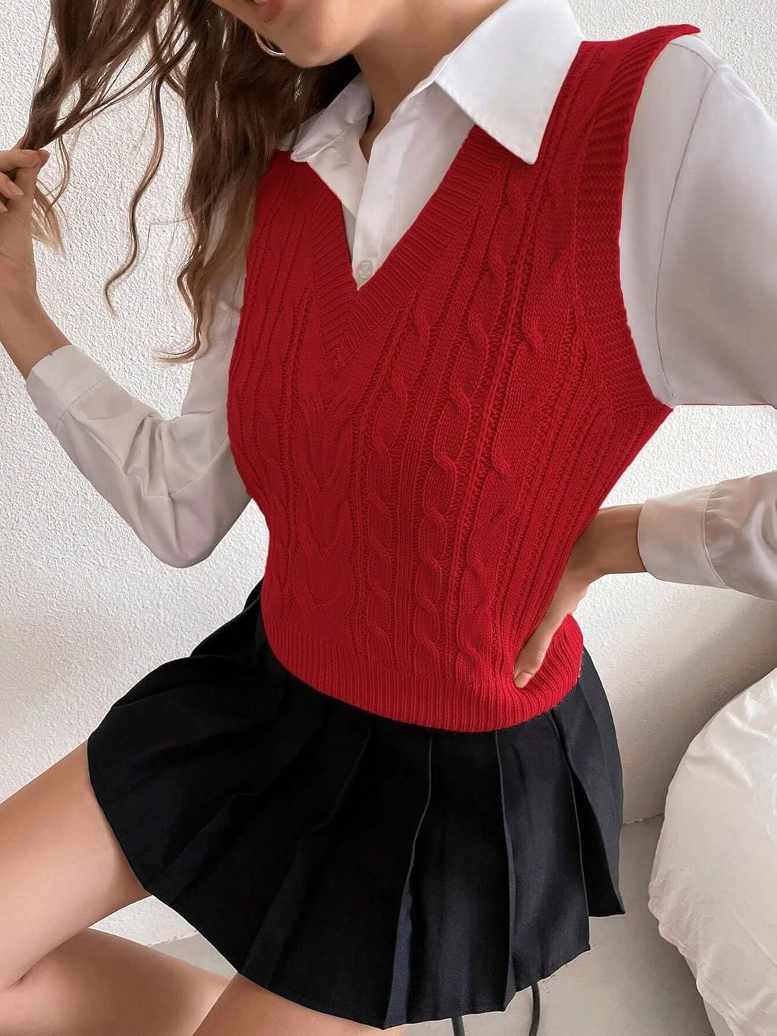 Women Fall Trendy Autumn Winter Solid V-Neck Casual Knit Sweater Vest Sweater Vest Top