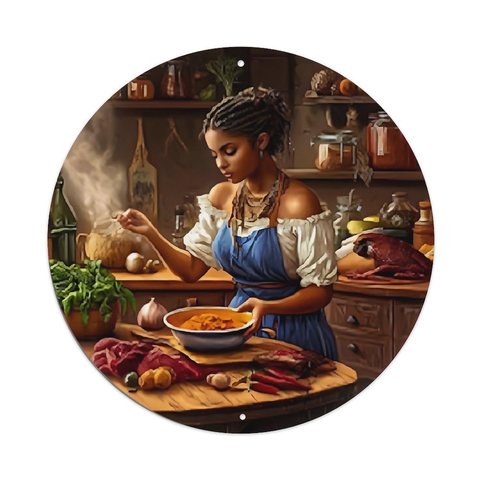 Rustic Kitchen Scene Woman Cooking Round Metal Tin Sign Vintage Wall Decor, Bar Garage Cafe Kitchen Home Wall Art Poster 8x8inches