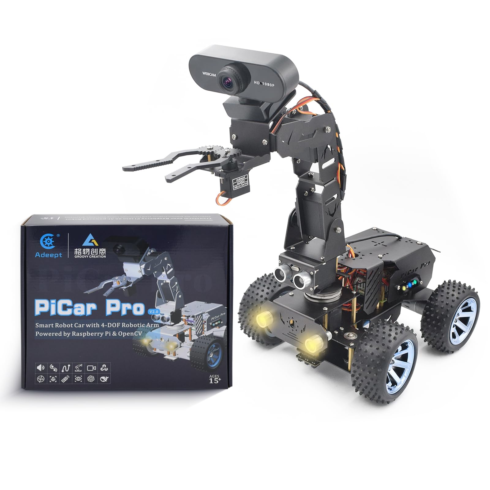 Adeept Zestaw robotyki PiCar Pro V2 (Raspberry Pi nie jest wliczony w cenę), 4 DOF ramię robota inteligentny samochód dla Pi 5/4/3, kamera HD 1080P, OpenCV, zapobieganie przeszkodom, śledzenie linii