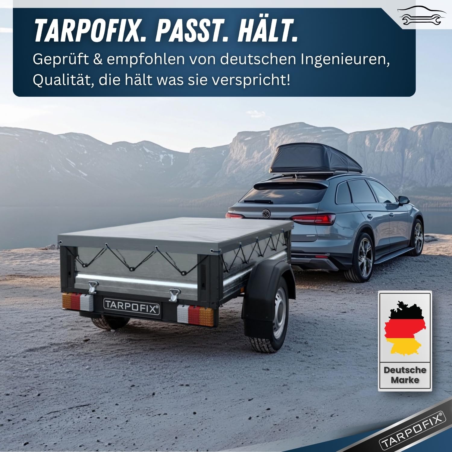 Tarpofix® Anhänger Plane 217 x 117 cm mit Planenseil | Flachplane aus PVC Planenmaterial | Verstärkte Unsinn Plane für 750kg PKW Hänger | Abdeckung | Grau