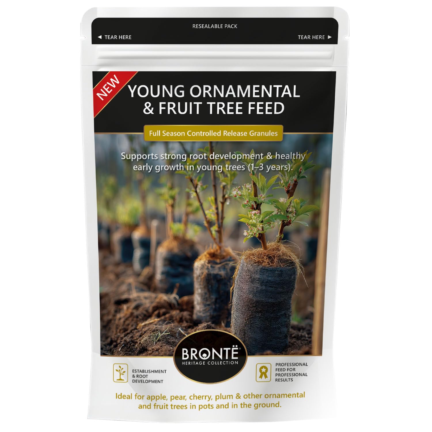 Bronte Heritage Young Fruit Tree Fertiliser, Controlled Release Fertiliser Granules for Ornamental Tree, Apple, Pear, Cherry, Plum, Full Season Slow Release Establishment Feed, 120g