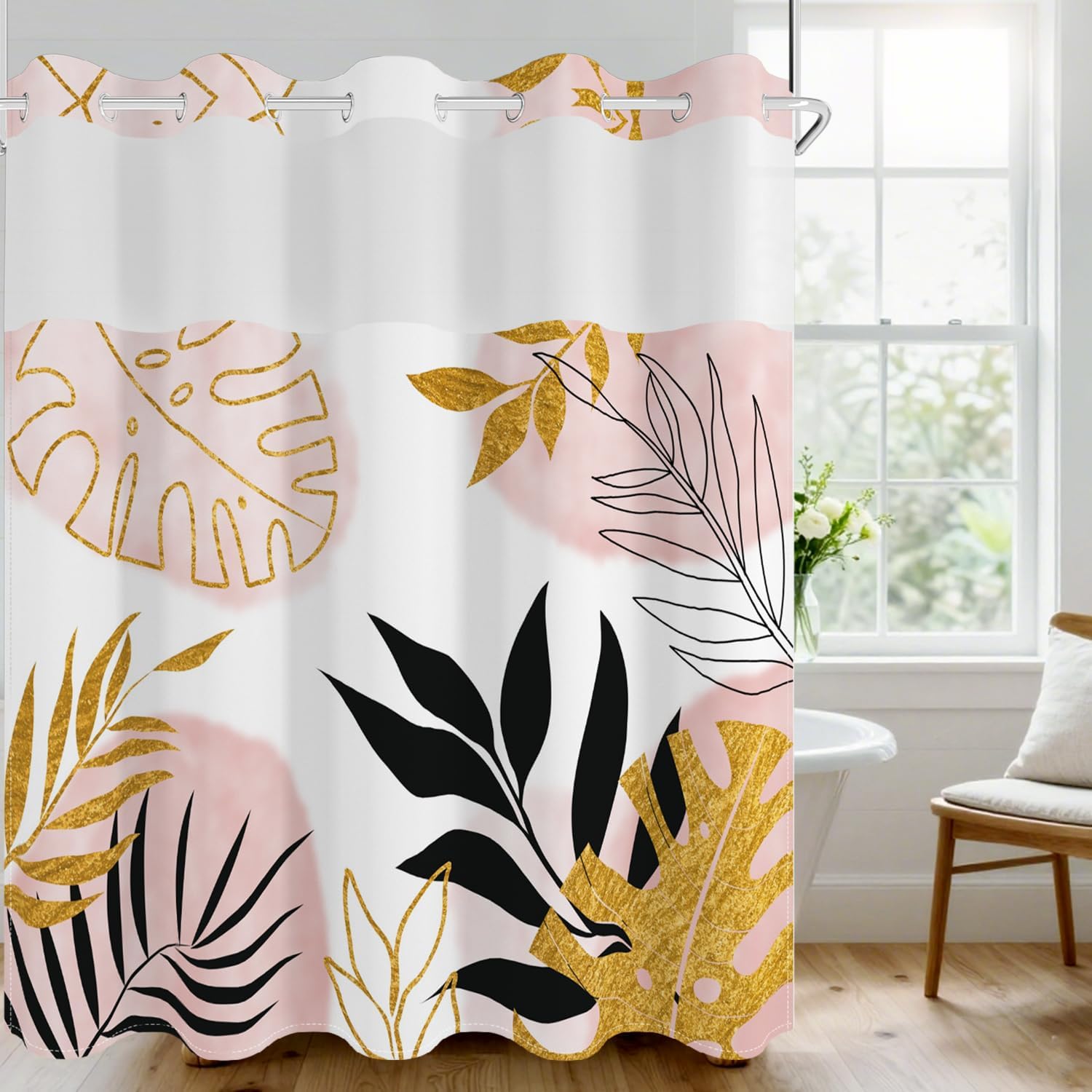 No Hook Shower Curtain with Snap in Fabric Liner Set, Waterproof & Washable, Pink and Gold Tropical Shower Curtains for Bathroom, Palm Leaf Monstera Aesthetic Bathroom Curtain, House Gift, 71x74 inch