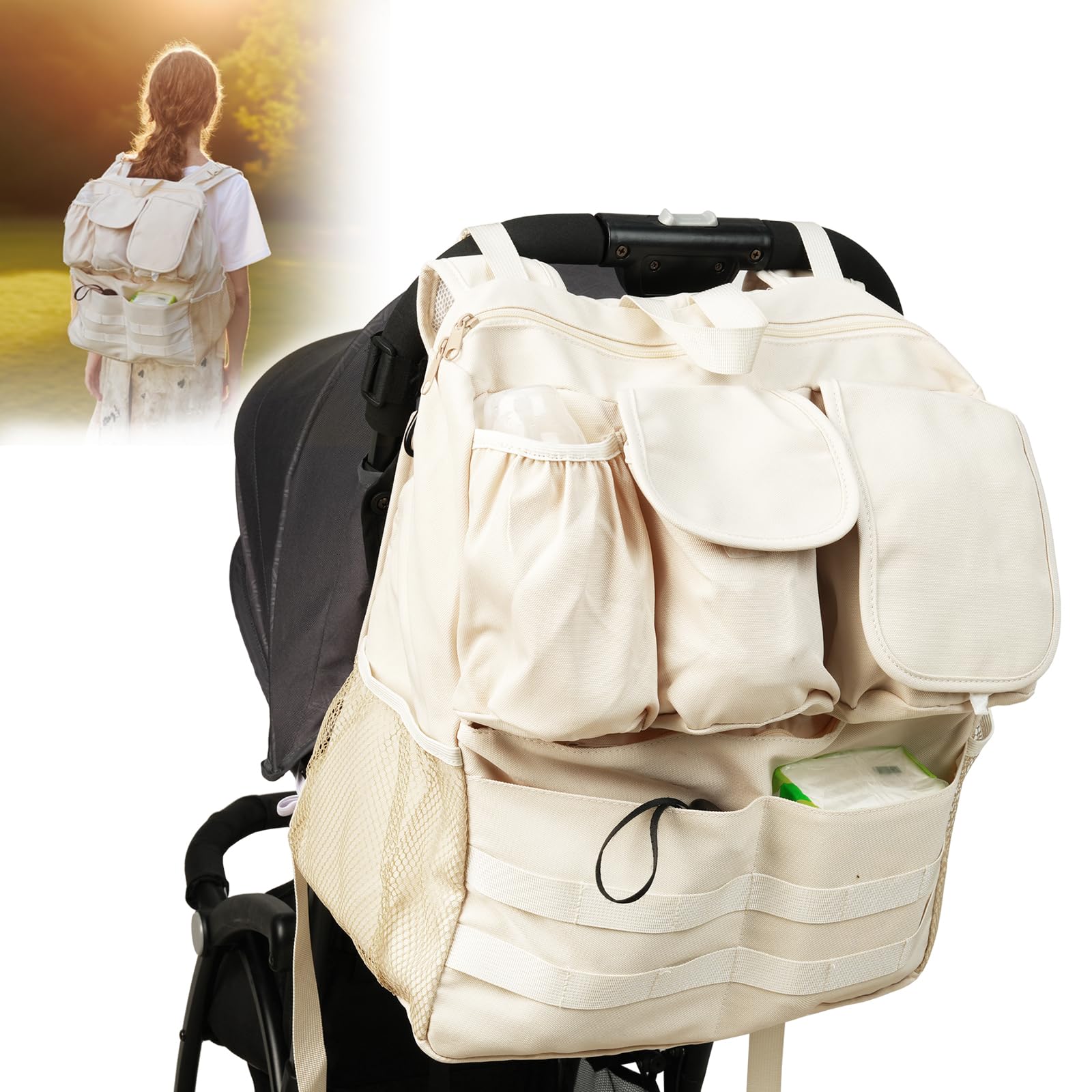 JIYIFOUHY 2-in-1 Stroller Organizer Baby Diaper Bag Backpack Insulated Bottle Holder Wipes and Phone Pocket Shoulder Strap Toddler
