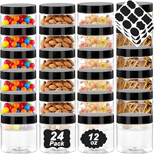 12oz Plastic Jars with Black Lids, 24 Pack Clear PET Jars Containers with Airtight Lids, Leakproof Round Plastic Storage Jar for Dry Food Storage, Candy, Crafts, or Cosmetics