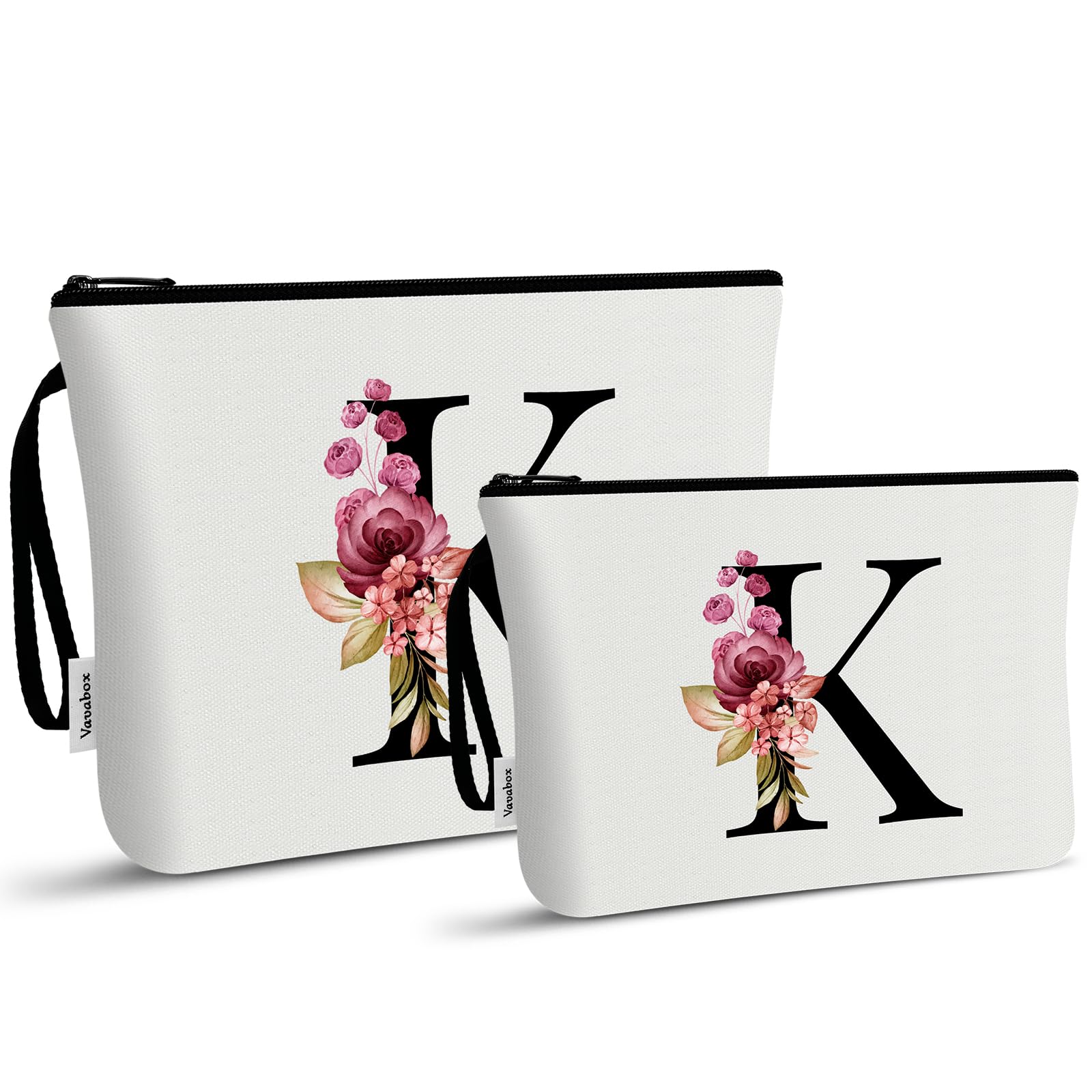 Vavabox A-Z Personalized Makeup Bag, Birthday Gifts for Women Mom, Gifts for Best Friend, Bride Bridesmaid Cosmetic bag (K, 03-White Set)