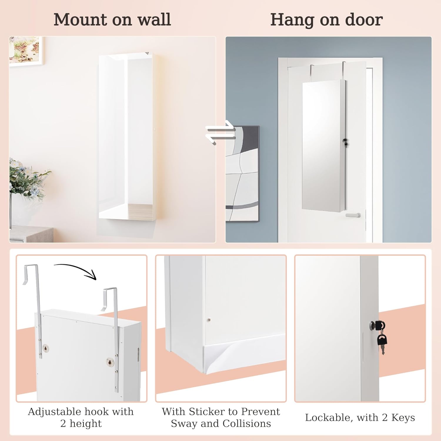 Mirror Jewelry Cabinet,Lockable Wall or Door Mounted Jewelry Armoire Organizer With Built-up Mirror,LED Lights, Drawers,Cosmetic Trays,Shelves, 14.4"x3.15"x 43.1"（White） - Image 7