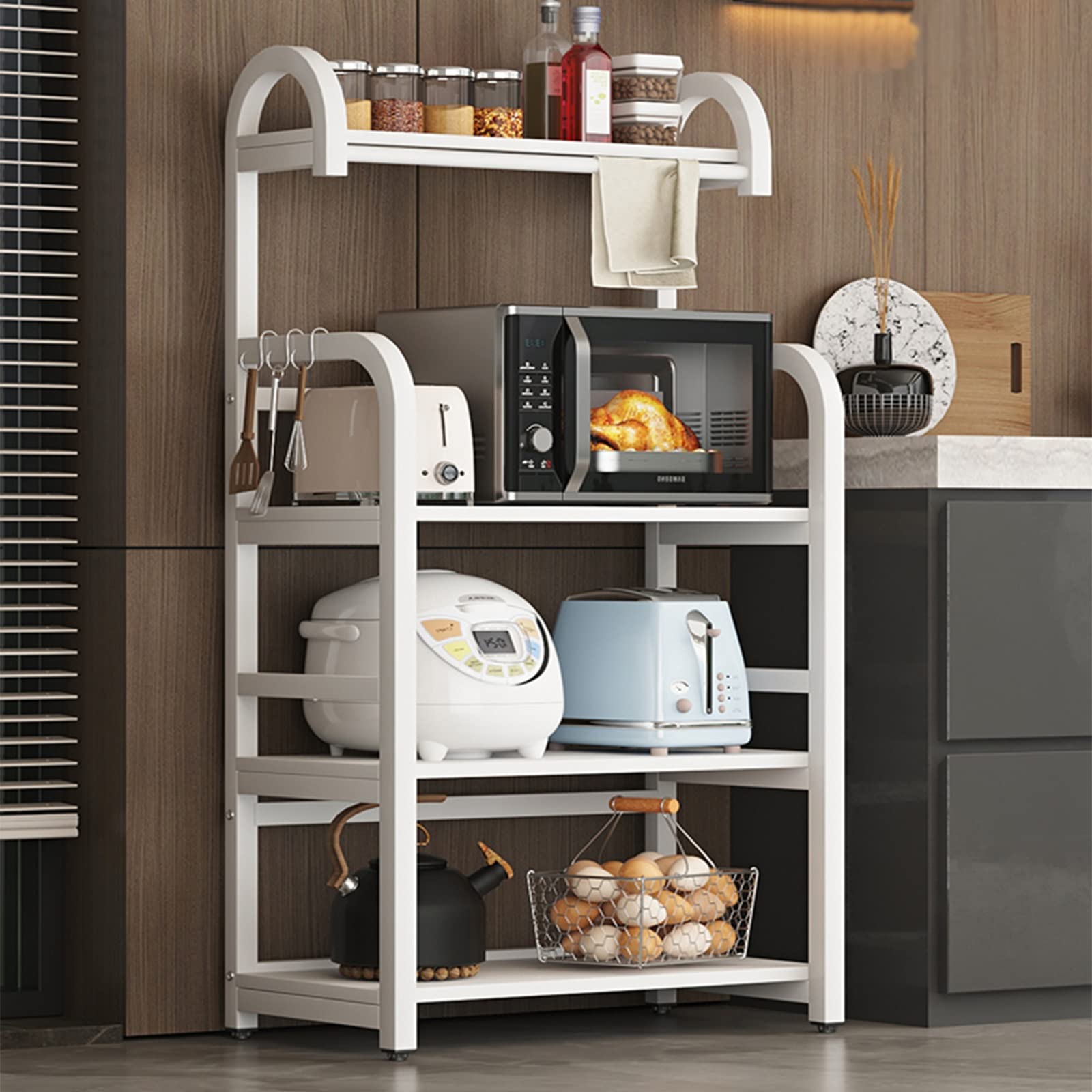 Armadietto da cucina multistrato con ripiani per microonde e pavimento bianco, 70 cm