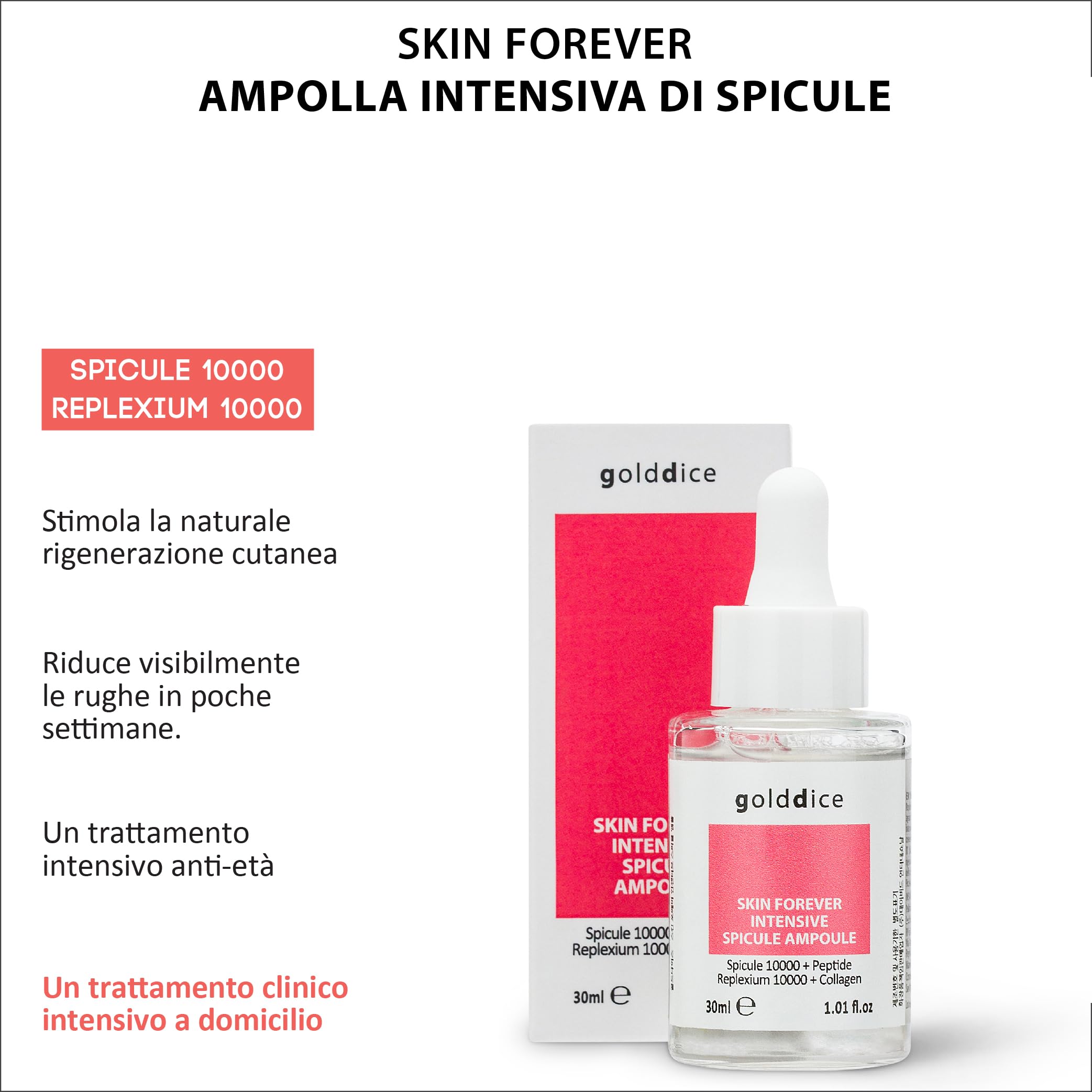Skin Forever Spicule Ampolla Intensiva con Spicule 10000 Peptide Replexium 10000 Collagene SKINCARE KOREANA prodotto Italia rigenera contrasta l'invecchiamento elasticità e compattezza 30ml