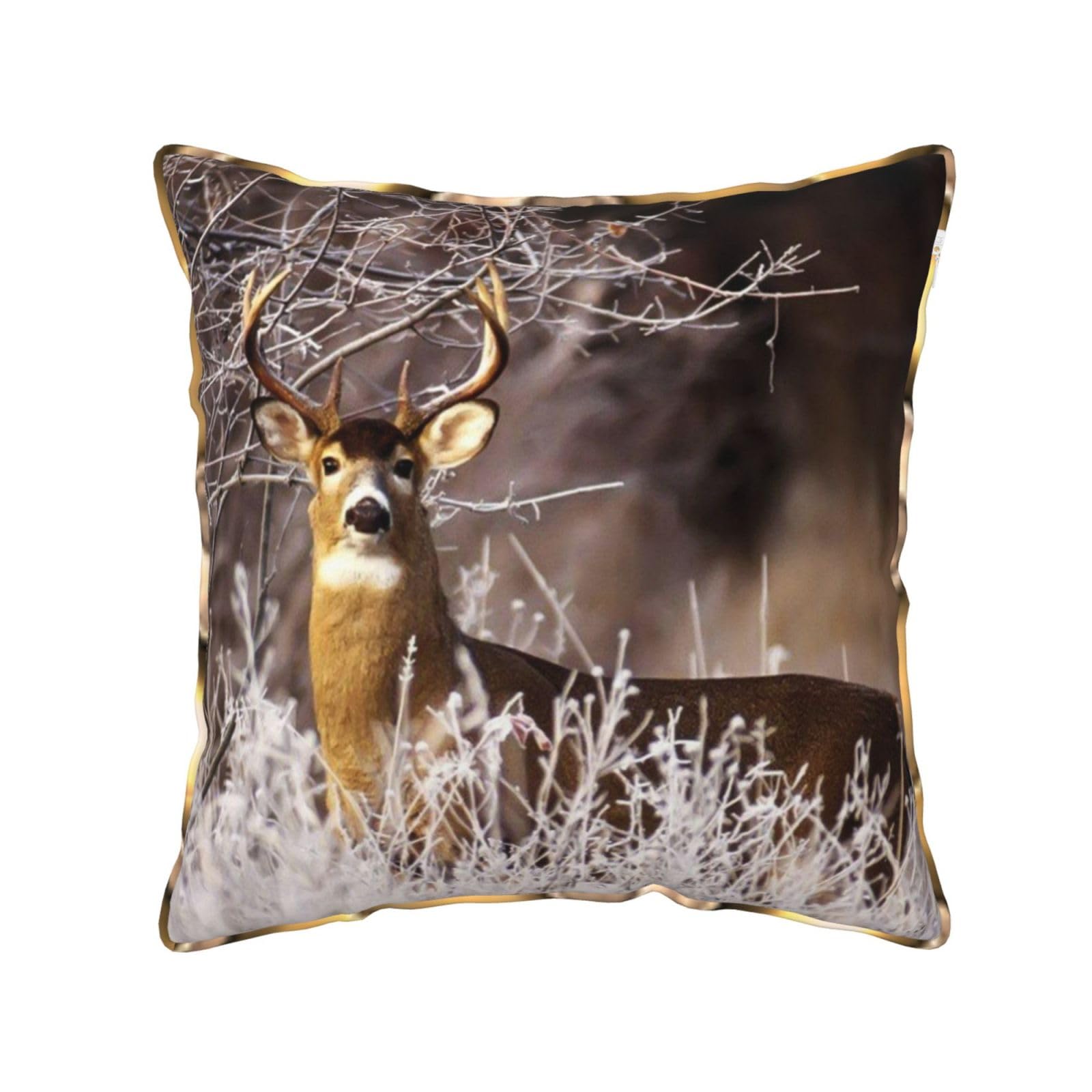 AUBKFELD Free Whitetail Deer Printed Velvet Cushion Cover 50x50 CM with Gold Edging Strip, Square Pillowcase Soft Throw Pillow Covers Case Decorative for Living Room Sofa Couch Bed Bench