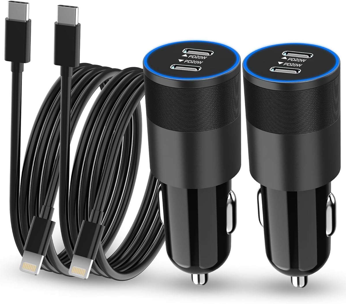 【MFi Certified】2-Pack 40W Fast Charge USB C Car Charger for iPhone 14 Pro Max/14 Plus/13/12/mini/11/XS/XR/X/8/Plus, Dual 20W PD Auto Adapter Cigarette Lighter Plug with USB C to Lightning Cable 3.3ft