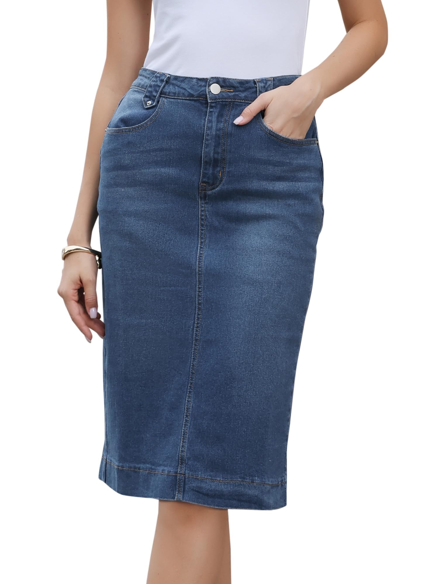 Allegra K Denim Skirt for Women High Waist Split Back Pockets Knee Length Pencil Skirt