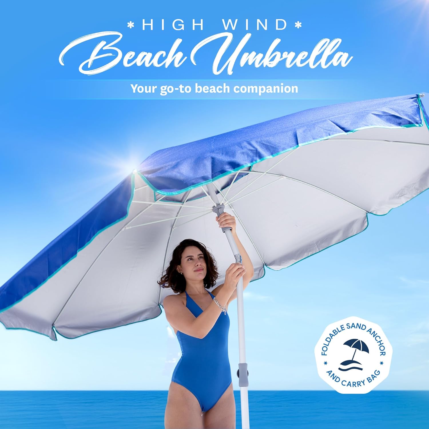 ammsun 7ft heavy duty high wind beach umbrella with sand anchor, built-in table tray vent tilt pole, upf 50+ windproof portable outdoor umbrellas carry bag for patio garden pool backyard navy blue navy