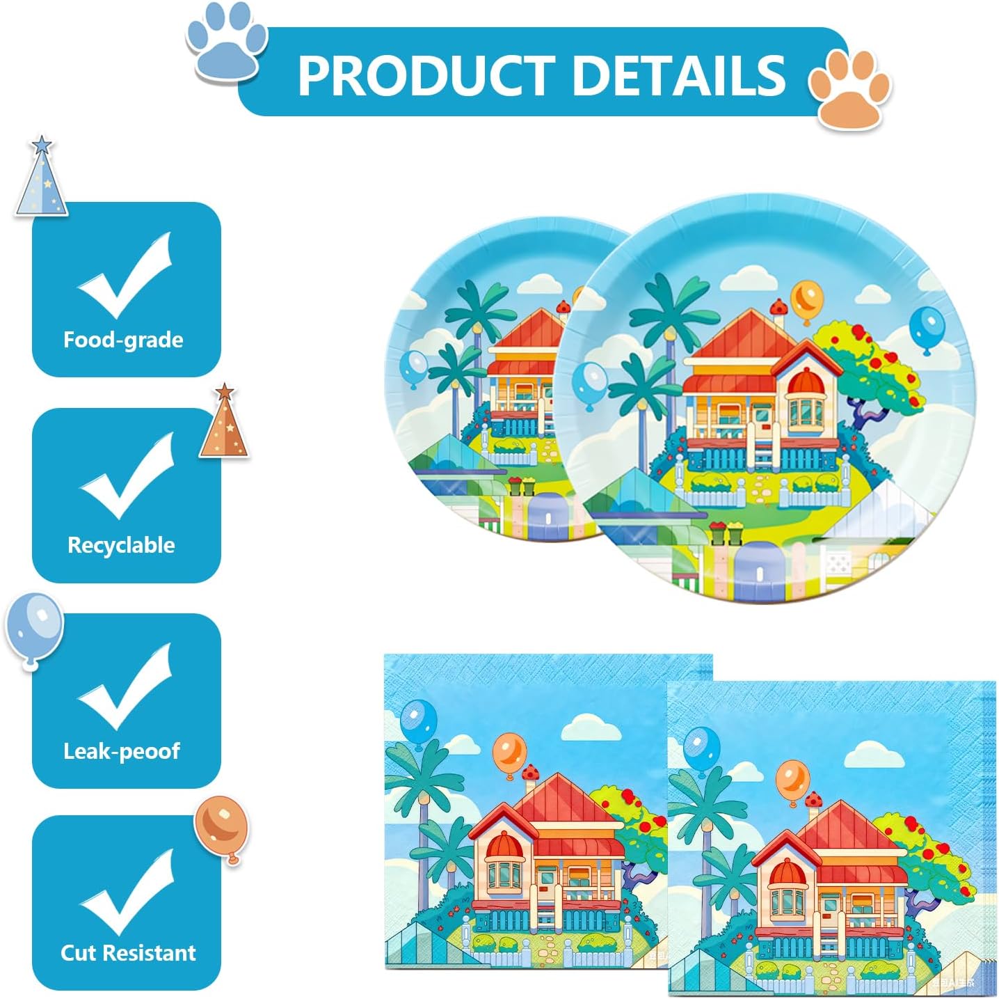 Blue Dog Birthday Decorations for 20 Guests - Blue Birthday Party Supplies Banner, Tablecloth, Balloons, Plates and Napkins, Fork, Cake Toppers, Paper Food Trays - Image 4