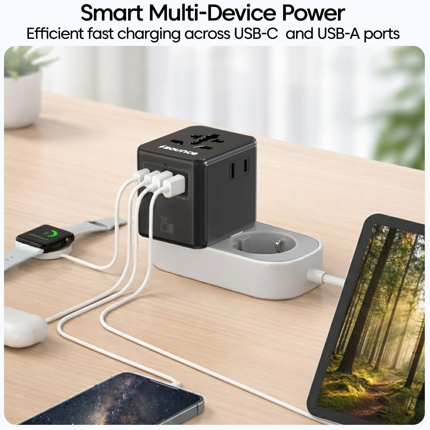 Sounce OmniCharge 25W Universal Travel Adapter, 4-in-1 International Multi Plug Charger for 150+ Countries, 2 USB-C & 1 USB-A Ports, Fast Charging, US/UK/EU/AU Compatible (Black) 4