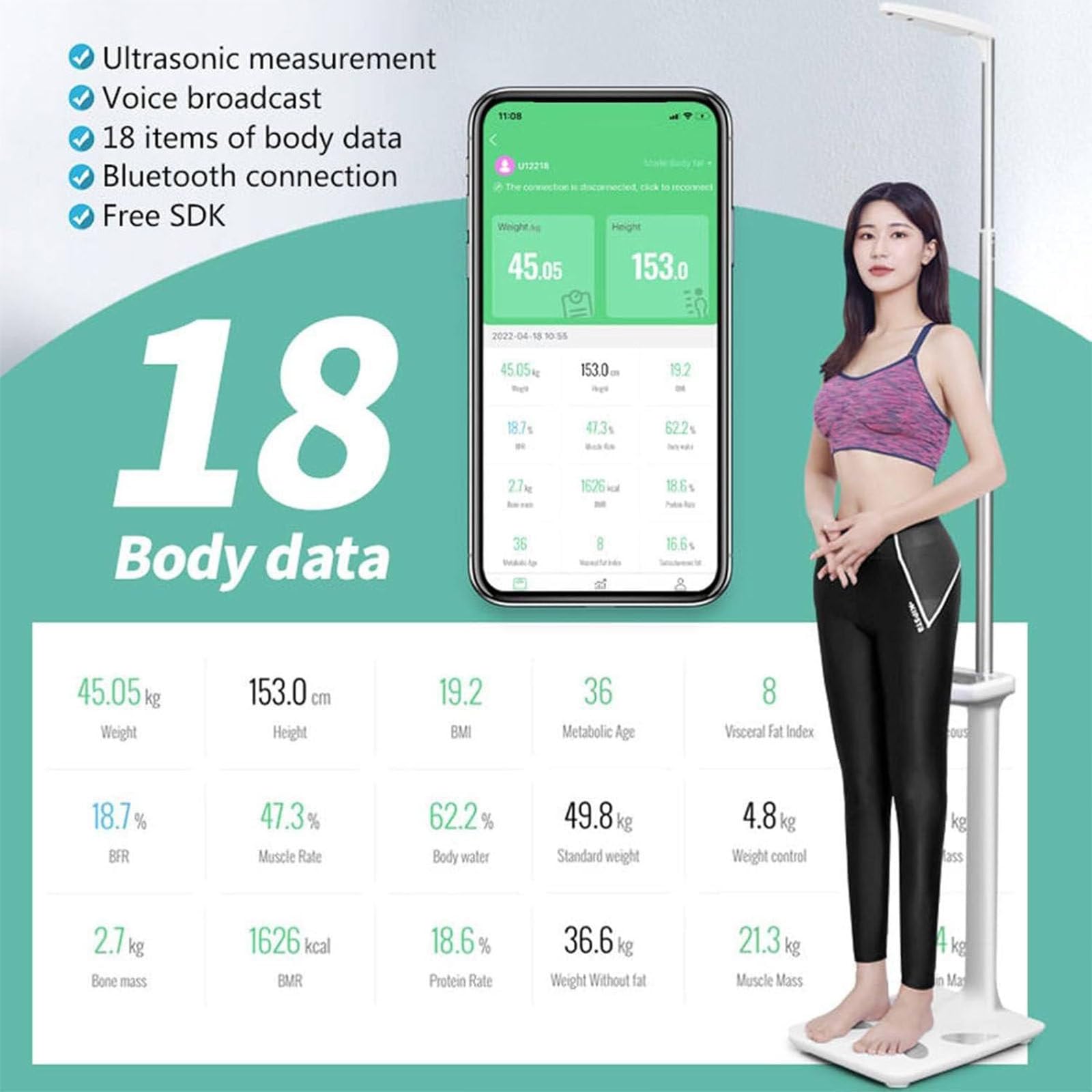 Analizzatore Medico del Grasso corporeo per Altezza,con portata di 440 libbre,con istruzioni vocali, con display LCD, per la misurazione di peso/altezza/valore di obesità/BMI,Standard