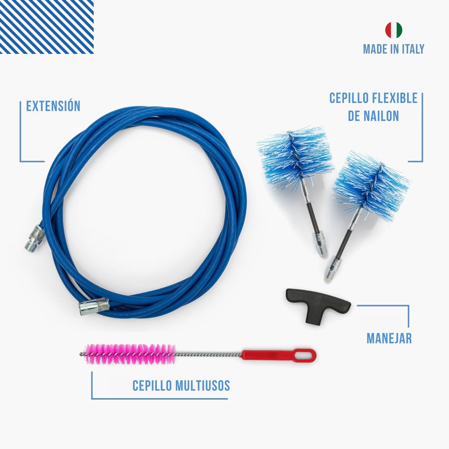 BARETTO | kit limpieza conductos de humos | Ø 80+100 mm, nylon, cable de acero revestido, articulado, extensión azul 3 m | cepillo multiuso y accesorios