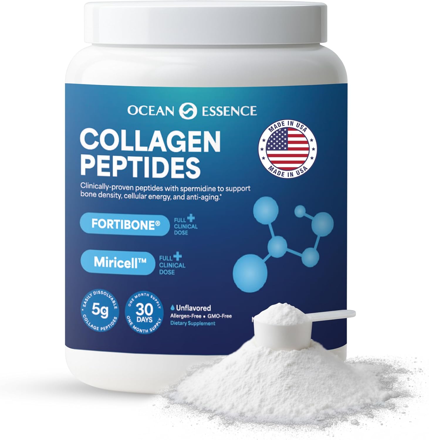 OCEAN ESSENCE Collagen Peptides for Bone Health with Fortibone, Vitamin K2 & Miricell – Bone Density Support, Healthy Aging, Easy-Dissolve Collagen Powder for Adults, Unflavored, Made in USA