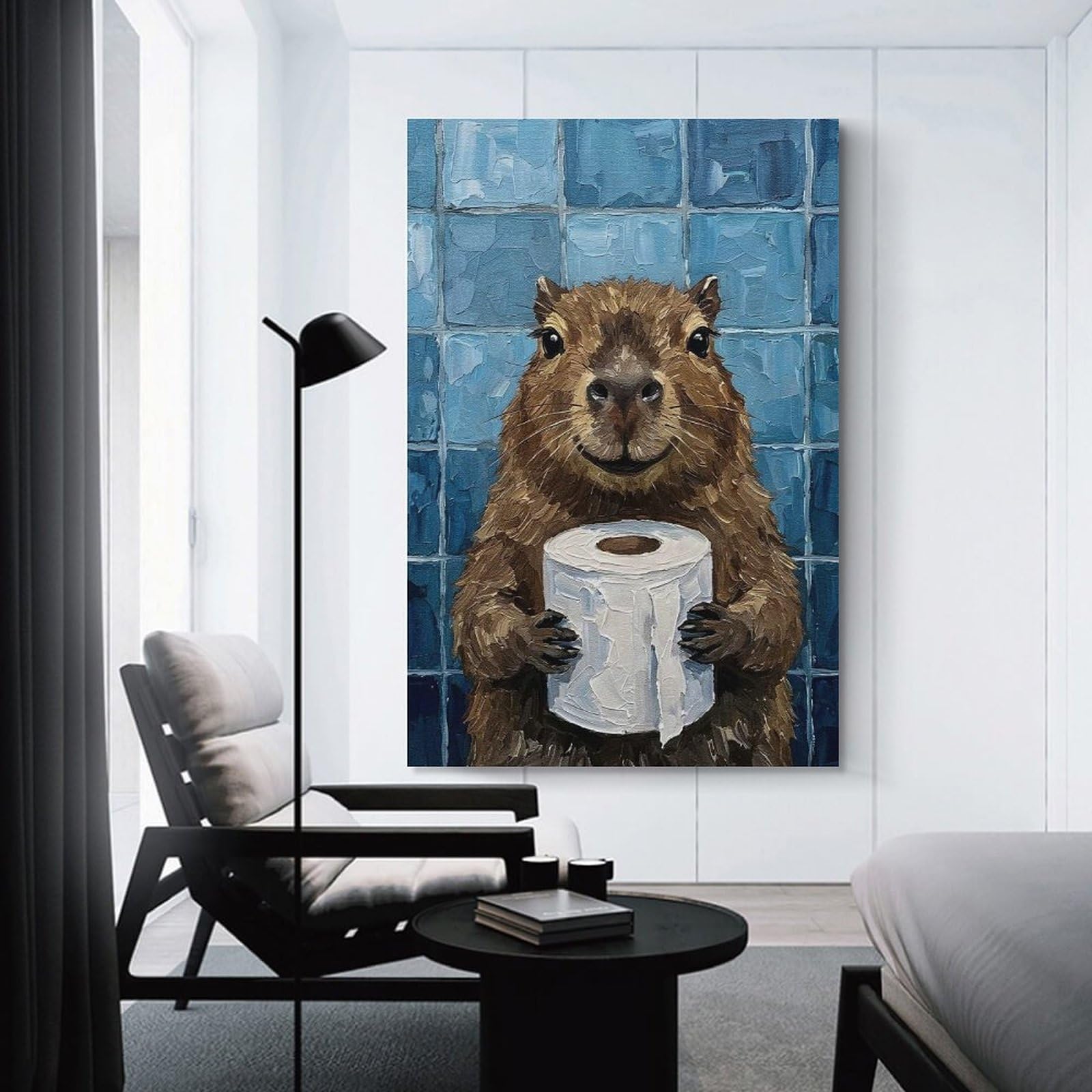 Junmoney Unframe-Style-8 Capybara With Toilet Paper Painting Wall Art Print, 24X36inch(60X90cm), For Office, Study Or Home Workspace, Decorative Artwork For Productive Spaces