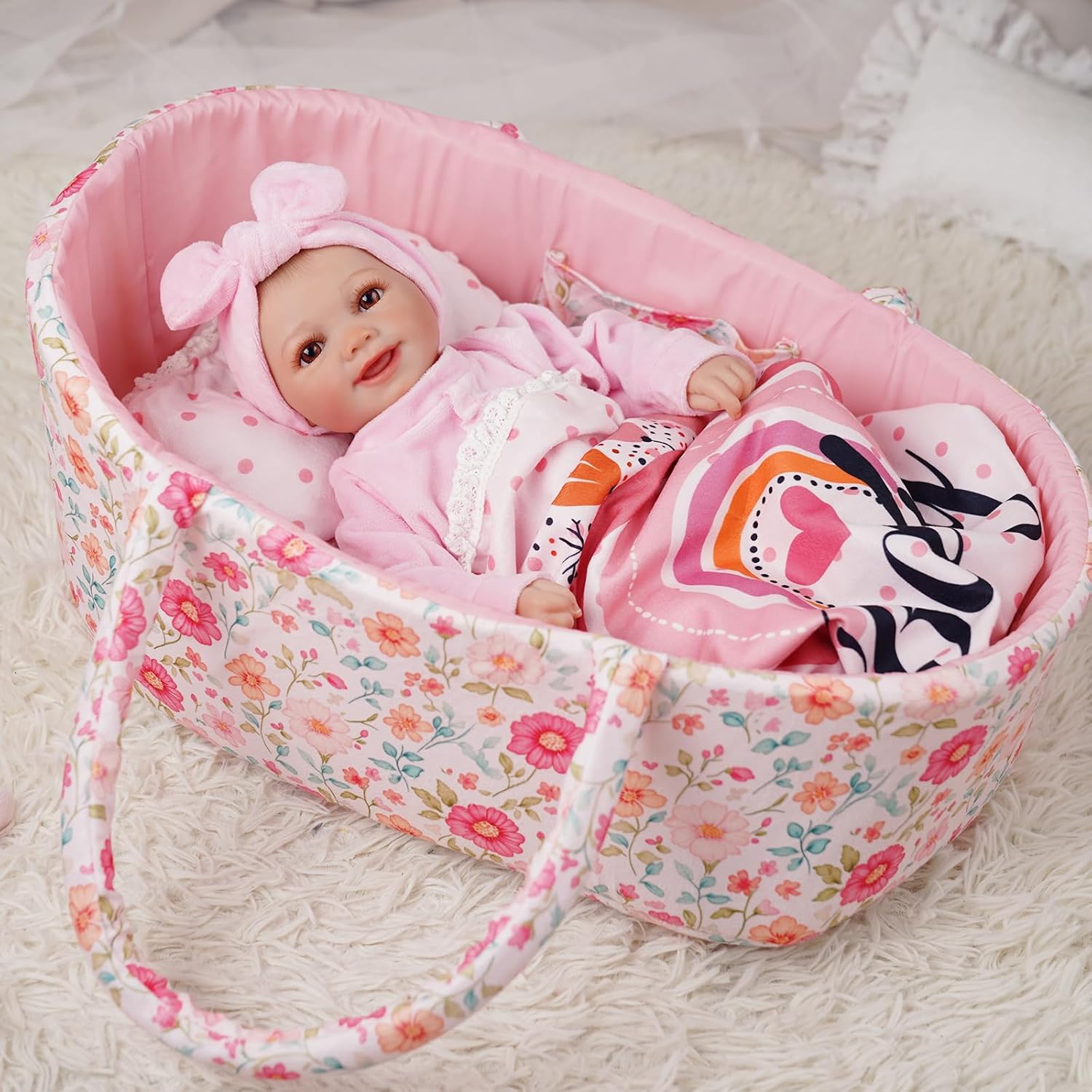 BABESIDE 3 Pcs Baby Doll Bassinet with Baby Doll Bedding Set for 17-22 Inch Dolls, Floral Patterns Babydoll Crib and Blanket for Lifelike Reborn Dolls Accessories, Pink
